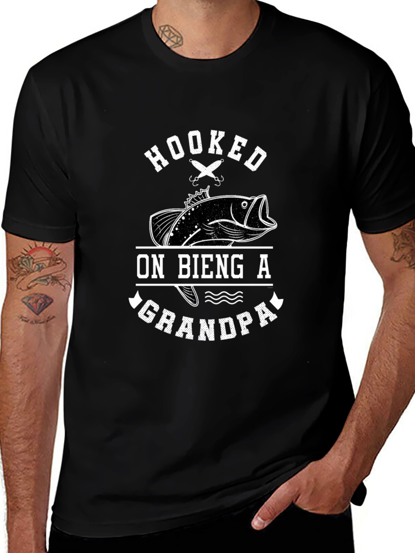Hooked on Being a Grandpa Black Graphic T-Shirt