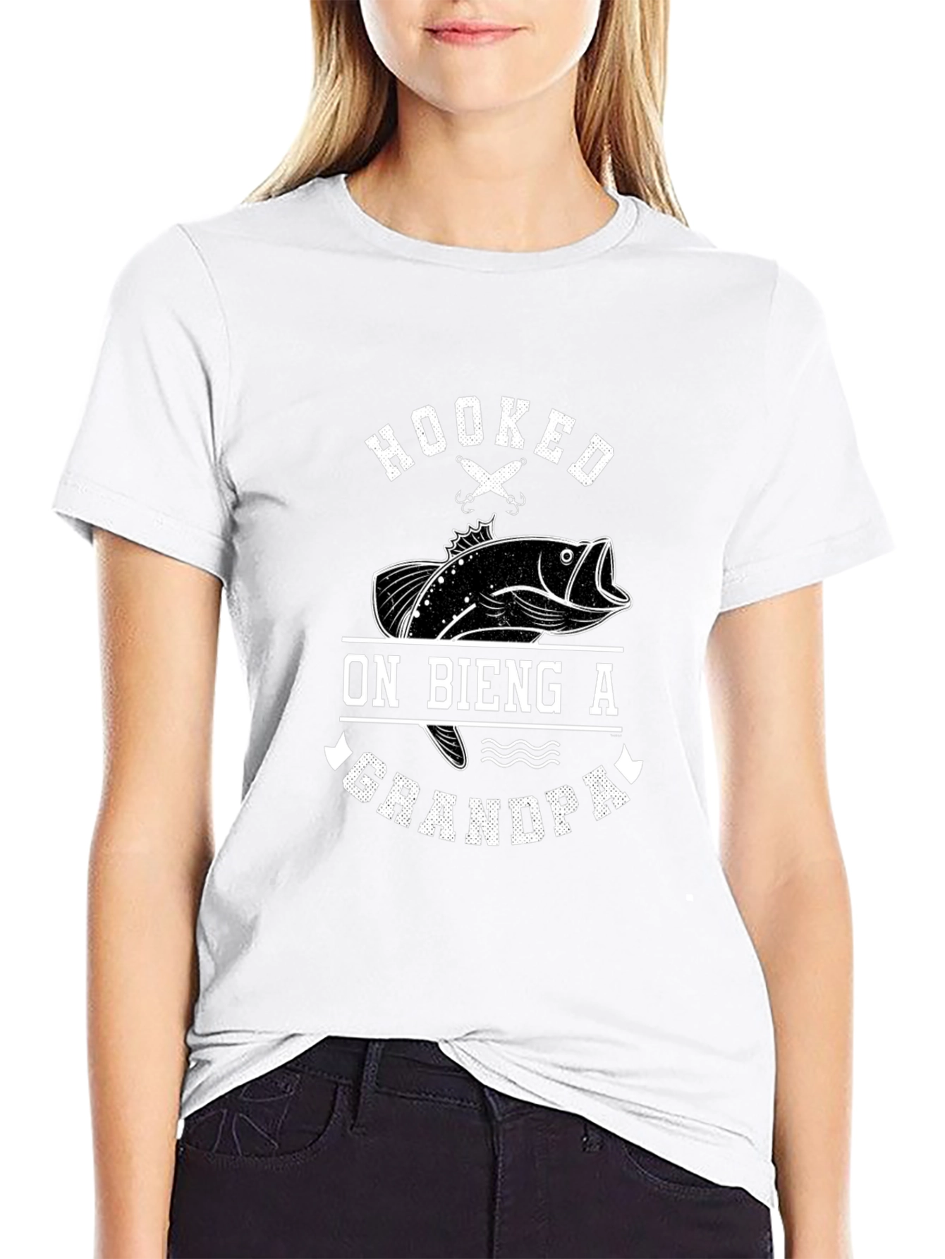 Hooked on Being a Grandpa Black Graphic T-Shirt