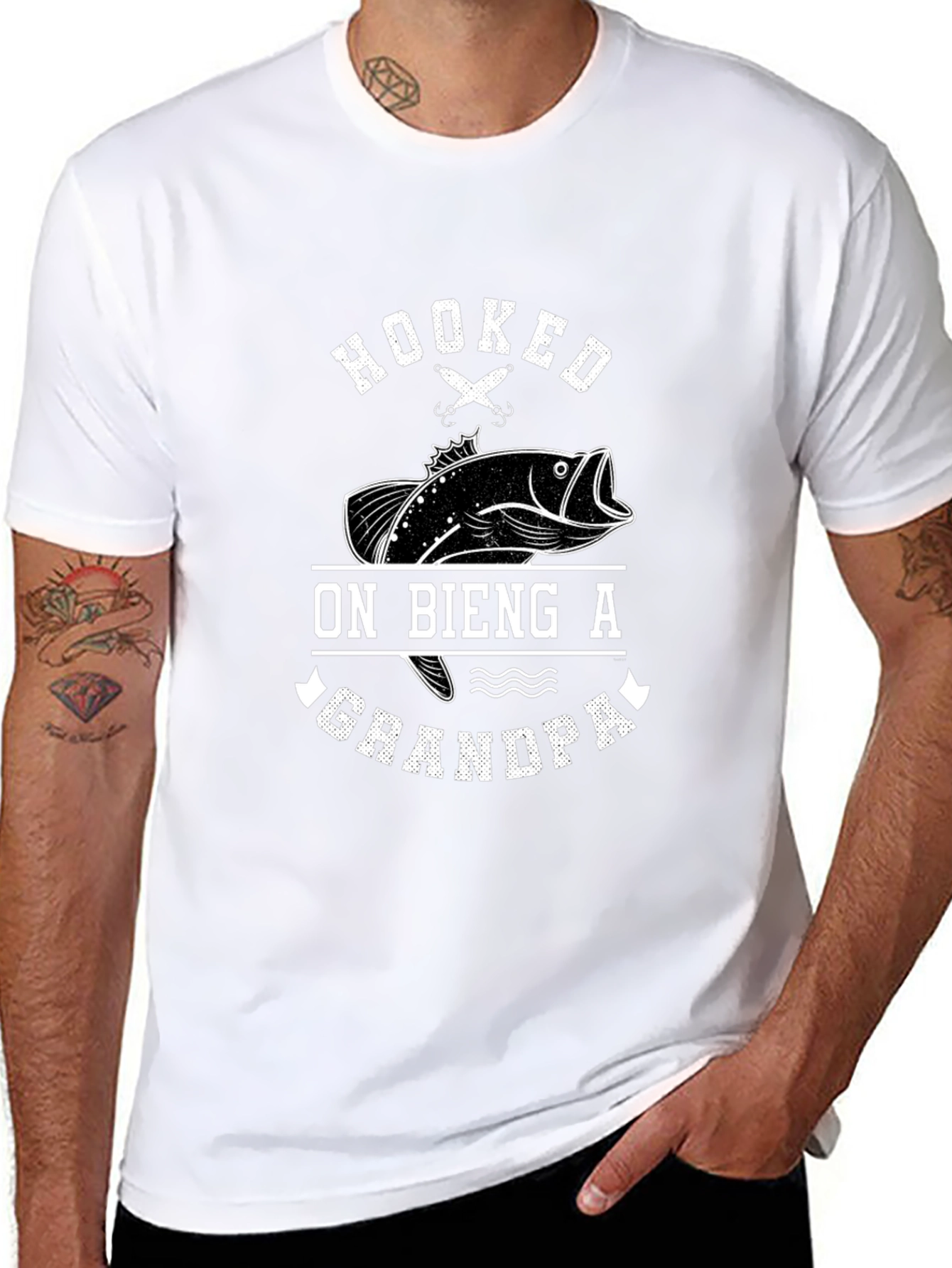 Hooked on Being a Grandpa Black Graphic T-Shirt