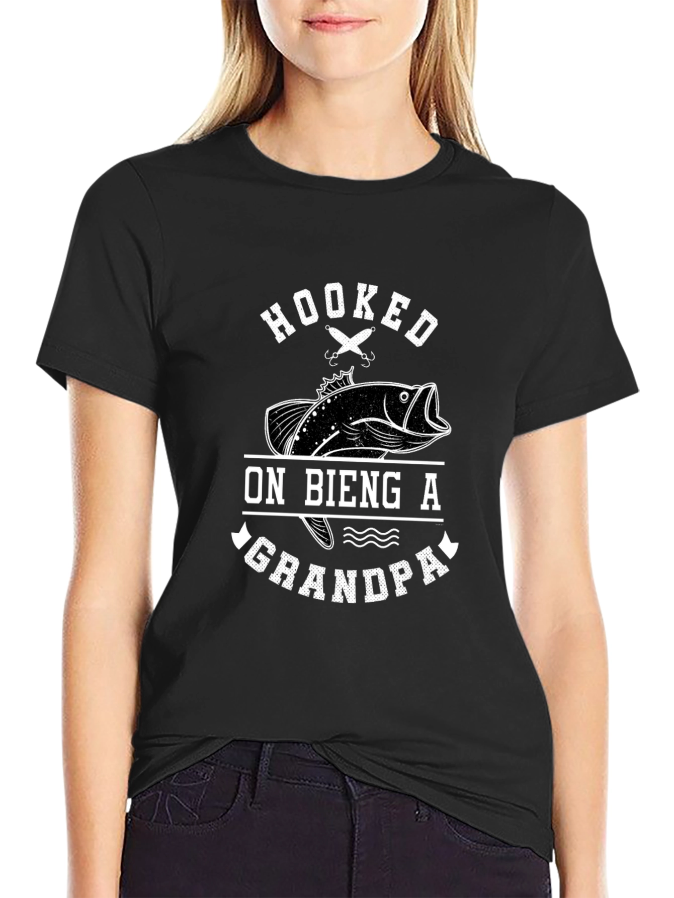 Hooked on Being a Grandpa Black Graphic T-Shirt