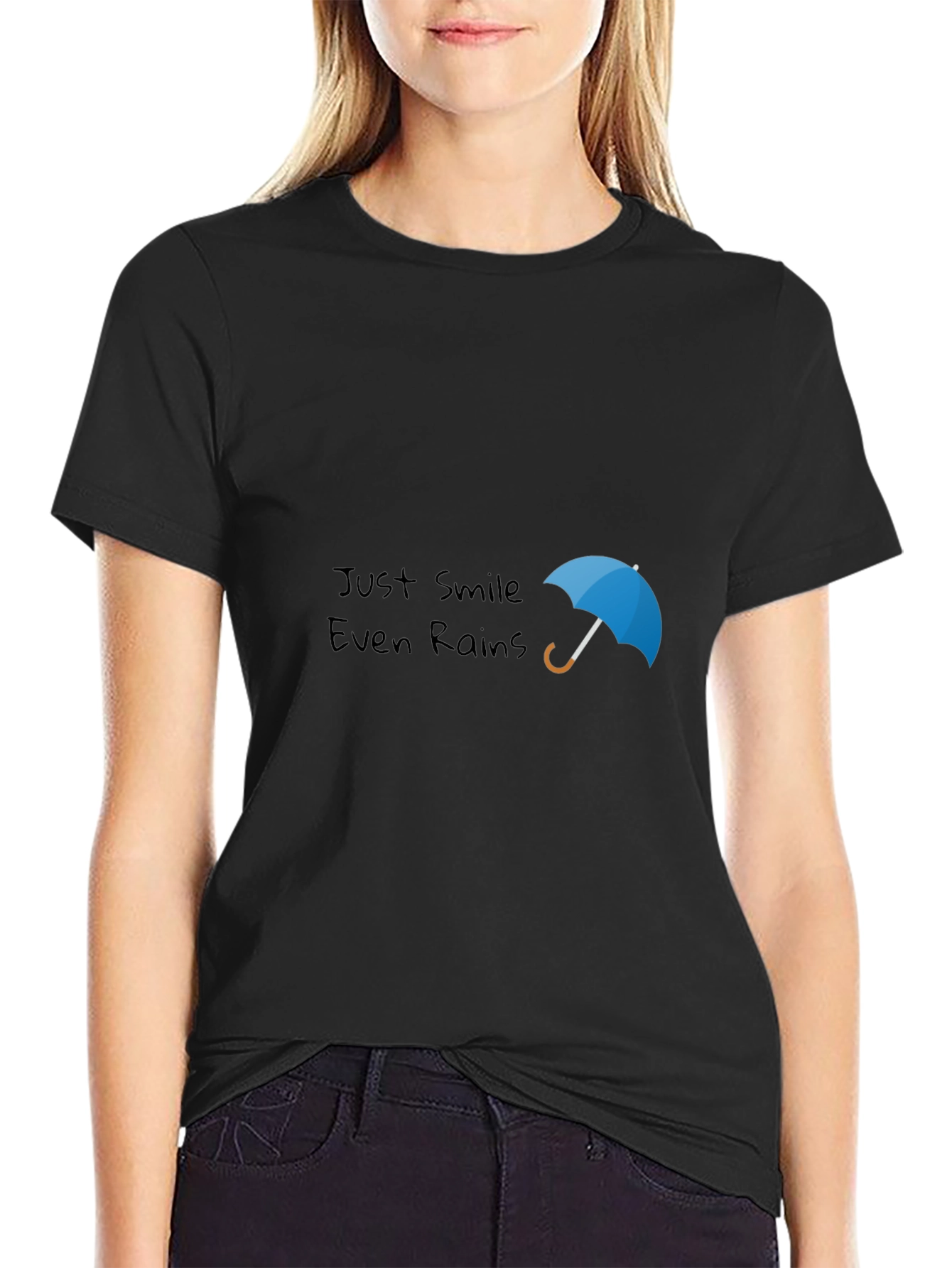 Just Smile Even Rains Black Graphic Tee