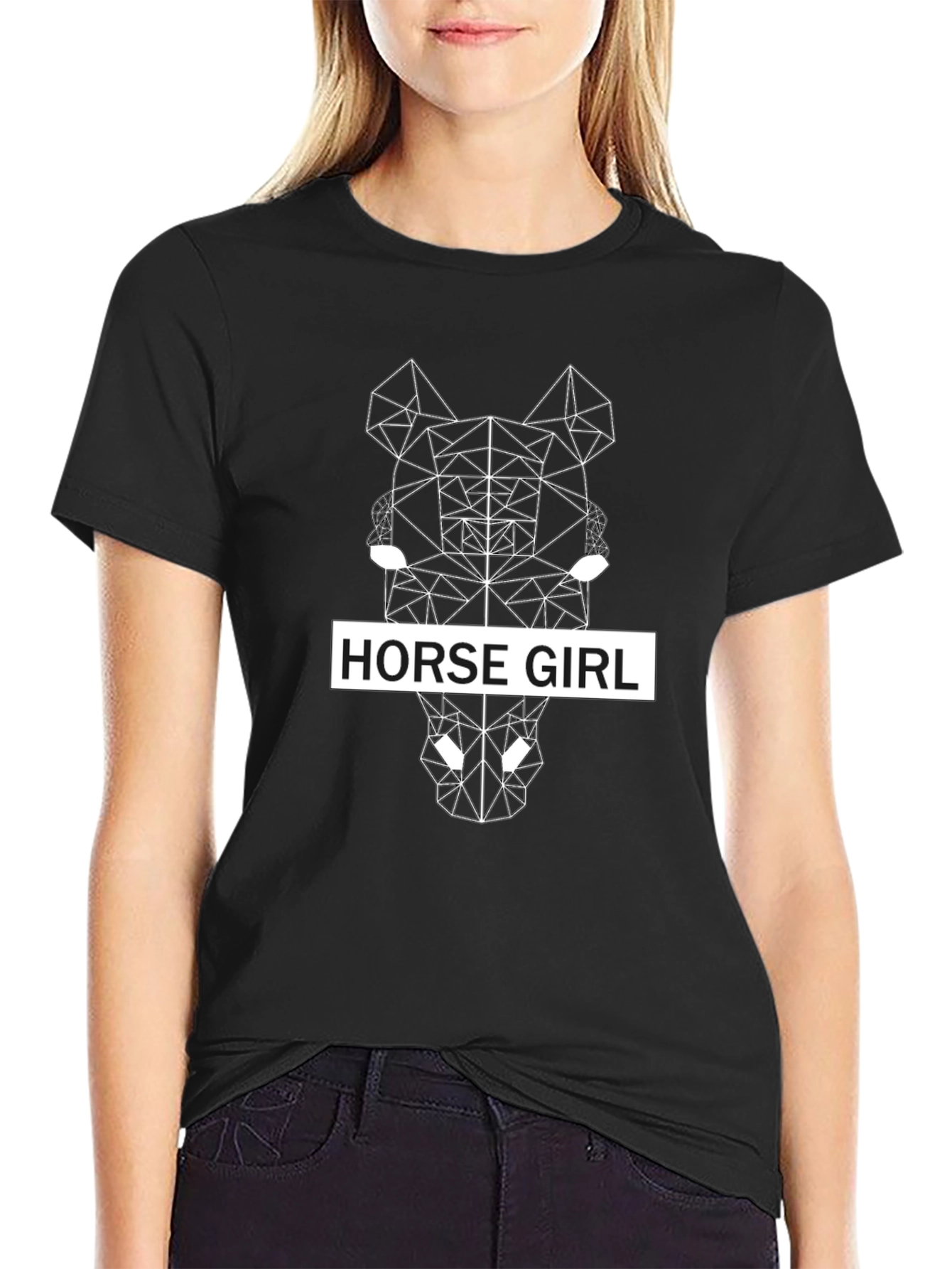 Geometric Horse Girl Black T-Shirt