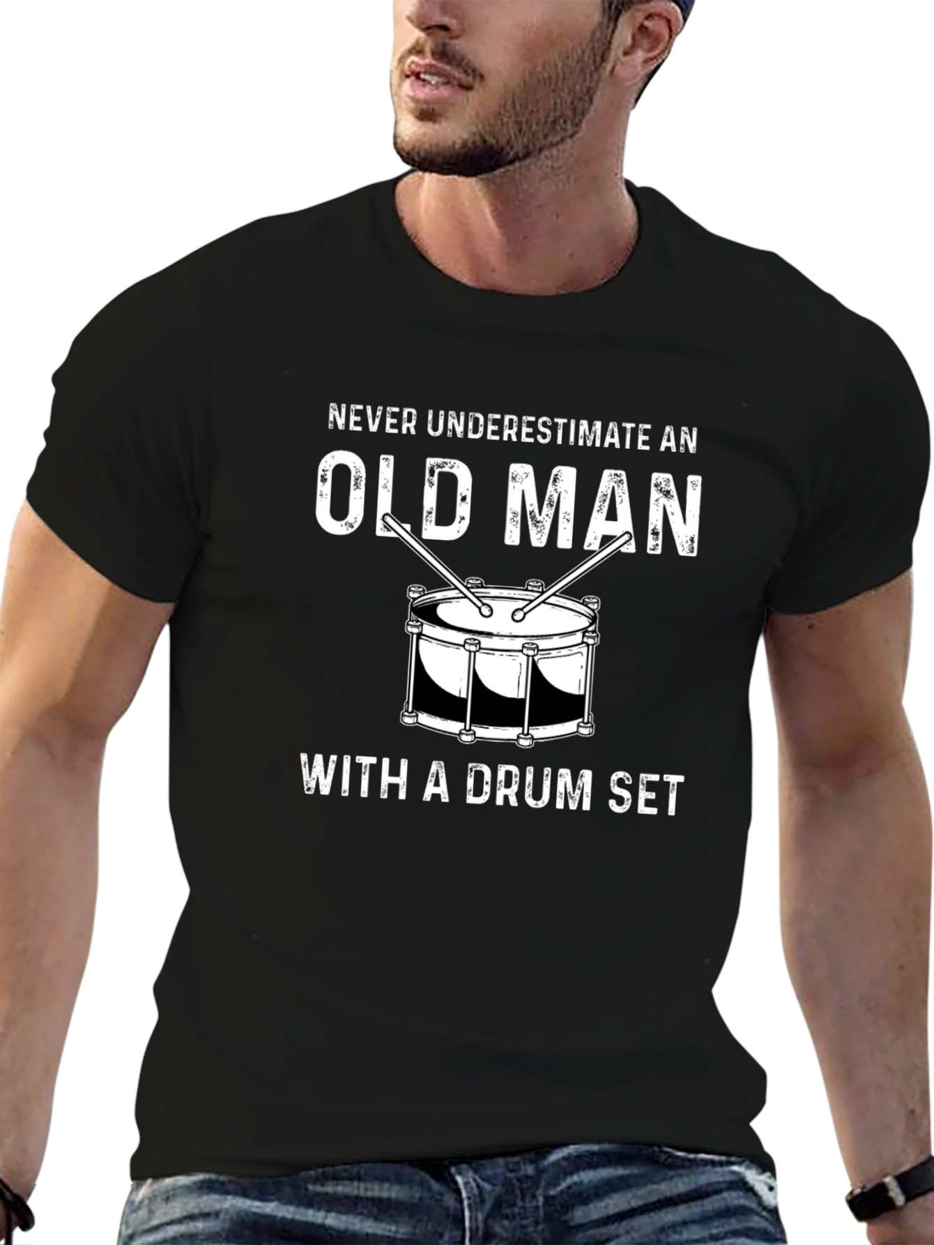 Old Man Drum Set T-Shirt - Black Cotton Tee