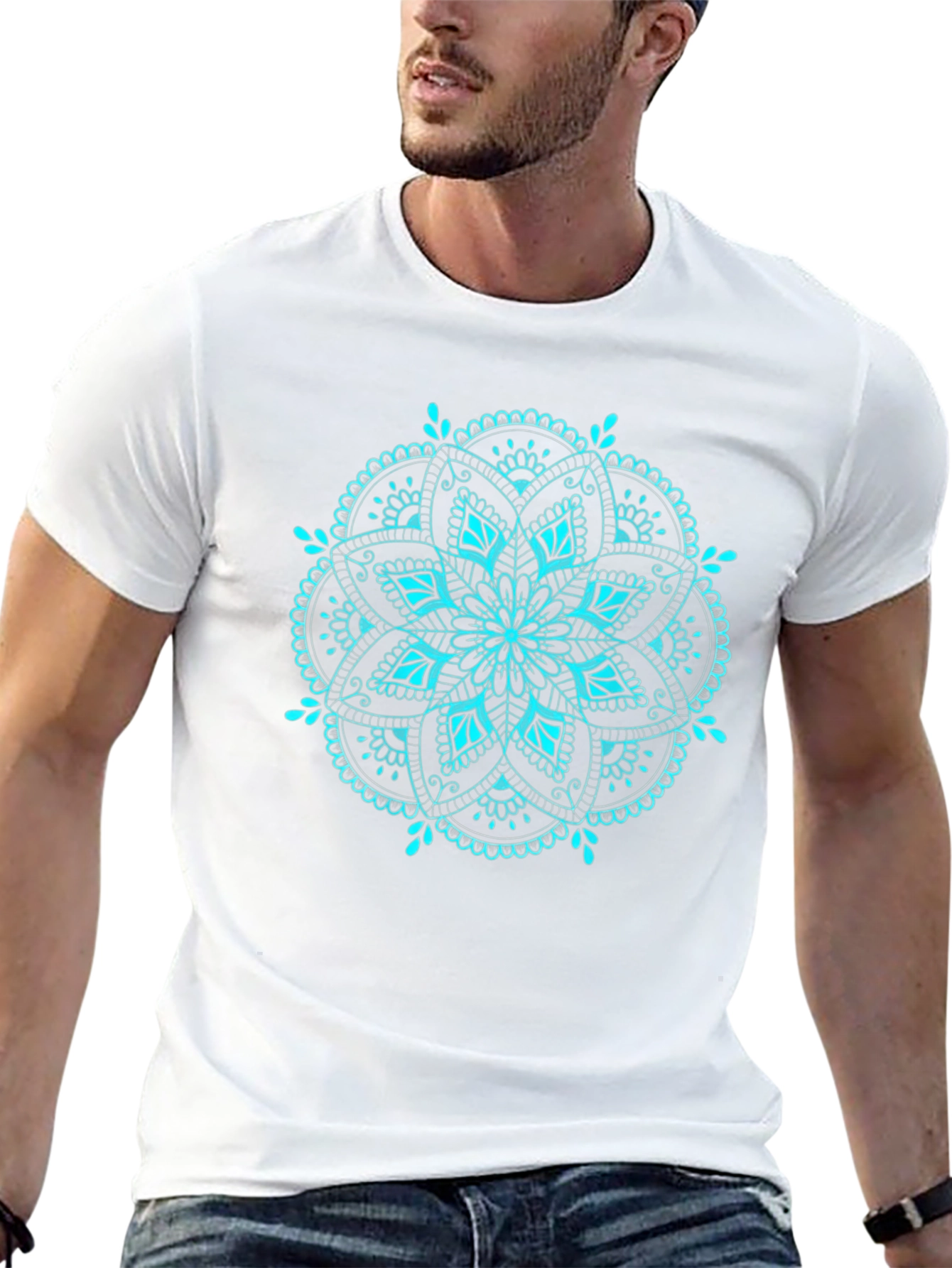 Cyan Mandala T-Shirt - Elegant Geometric Design
