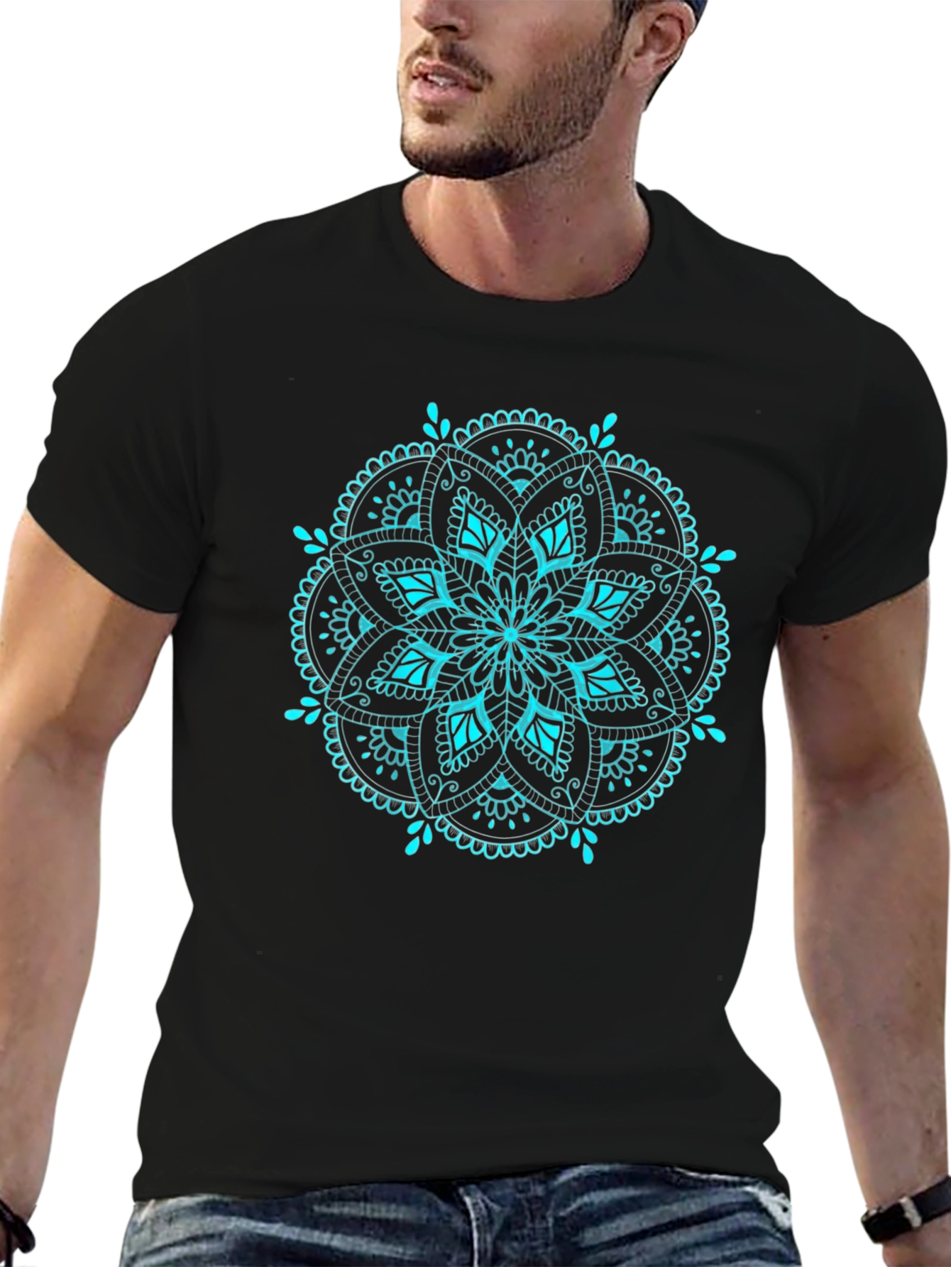 Cyan Mandala T-Shirt - Elegant Geometric Design