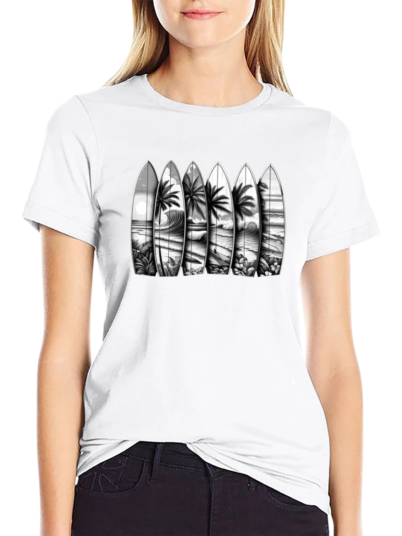 Surfboard Beach Scene Graphic Tee