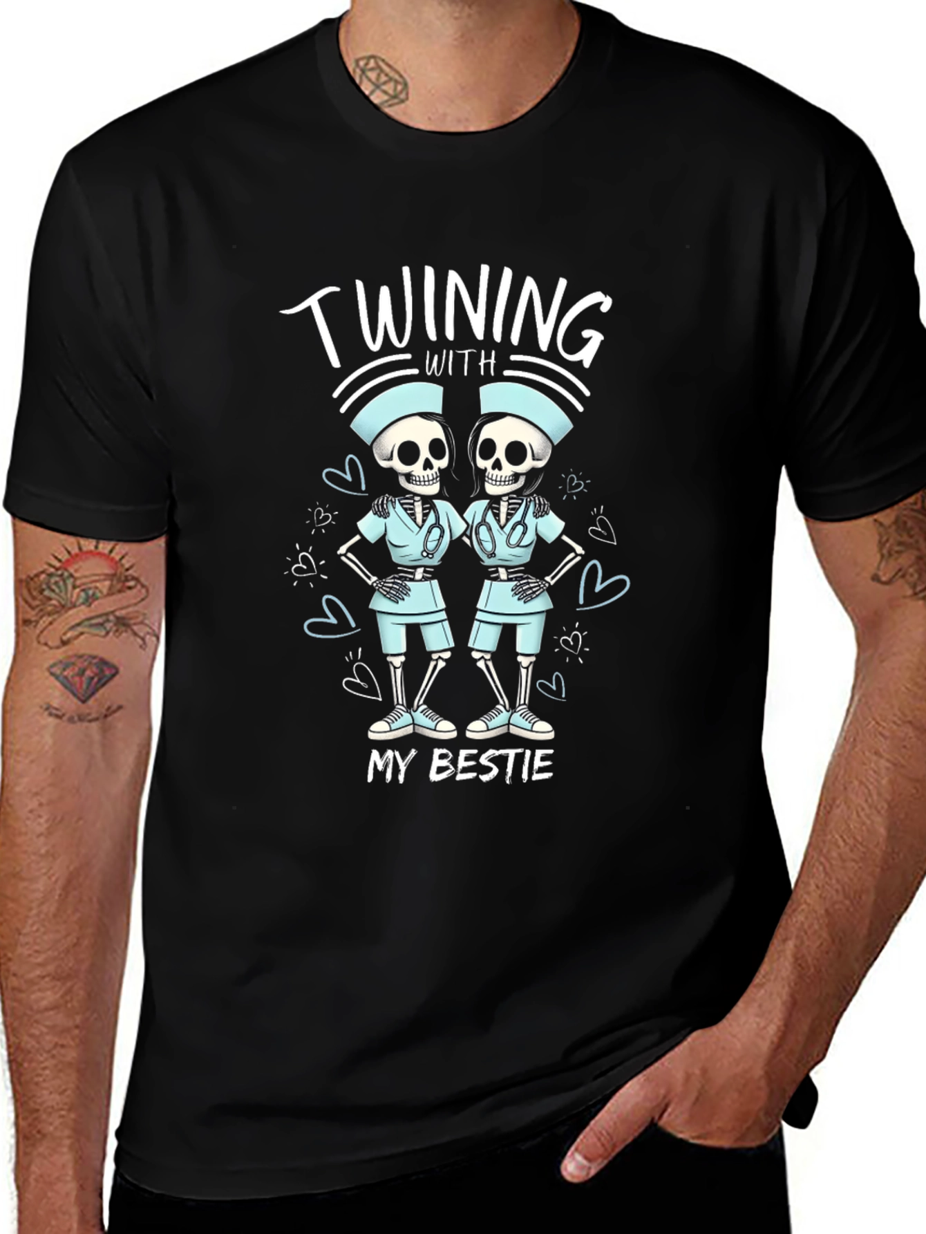Funny Skeleton Nurse T-Shirt - Twinning With My Bestie