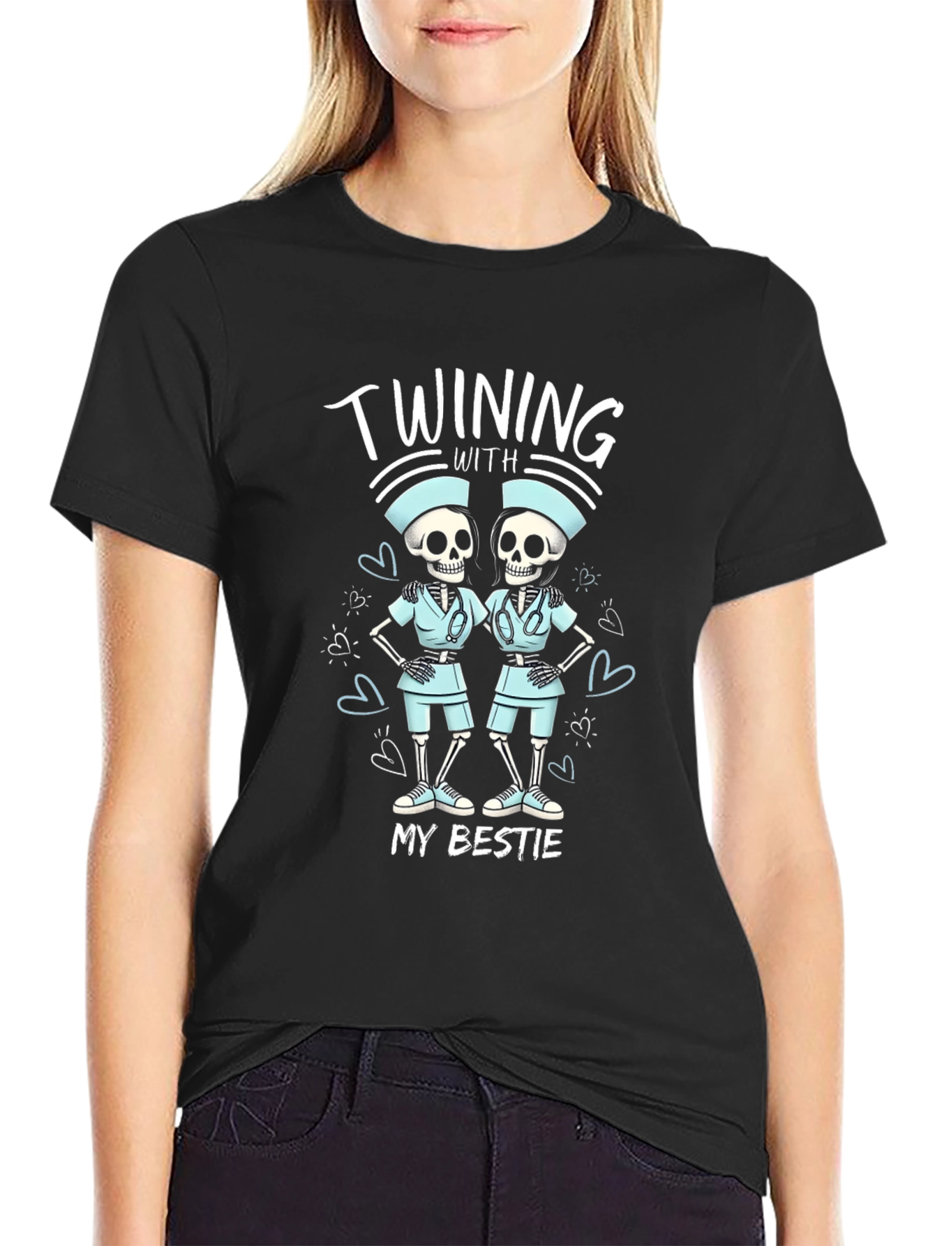 Funny Skeleton Nurse T-Shirt - Twinning With My Bestie