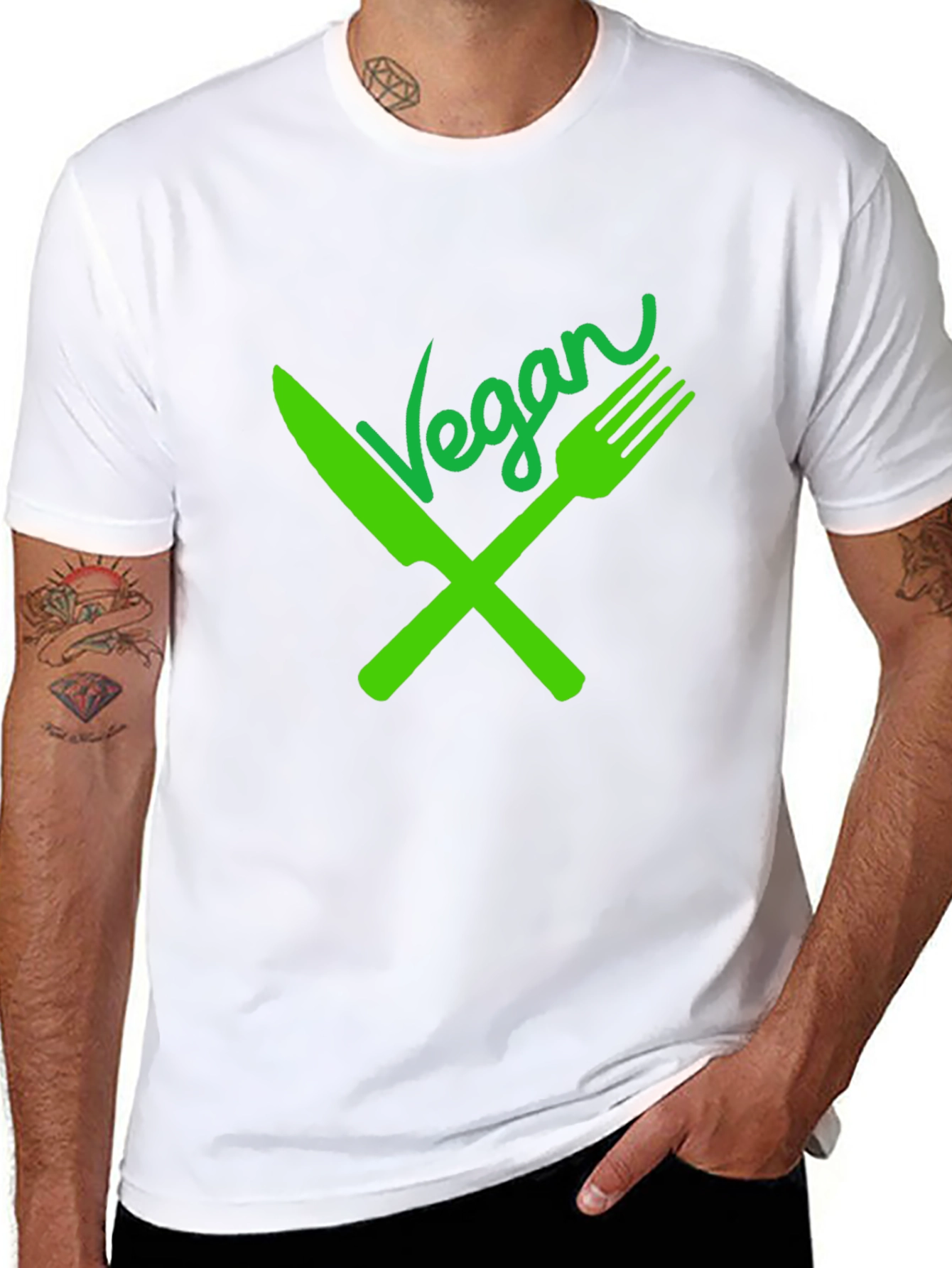 Vegan T-Shirt - Green Fork & Knife Design