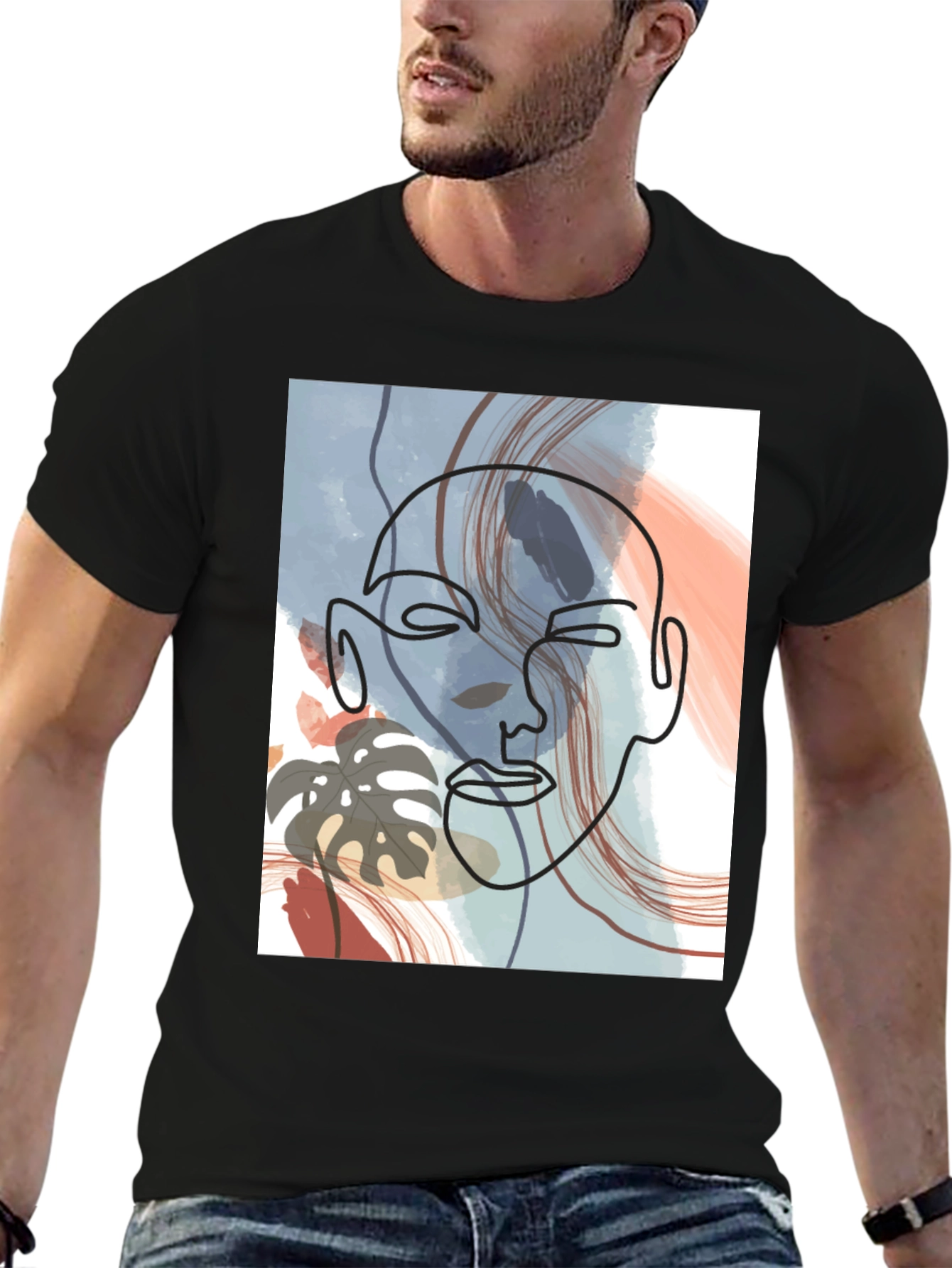Abstract Face Line Art Black T-Shirt