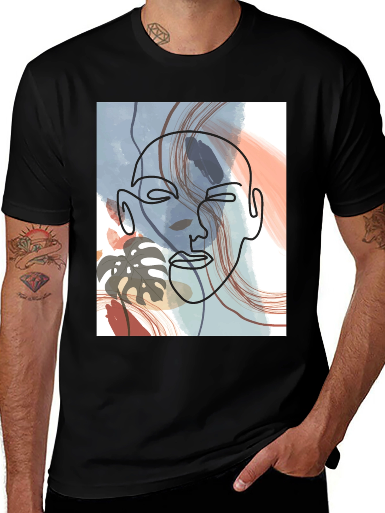 Abstract Face Line Art Black T-Shirt