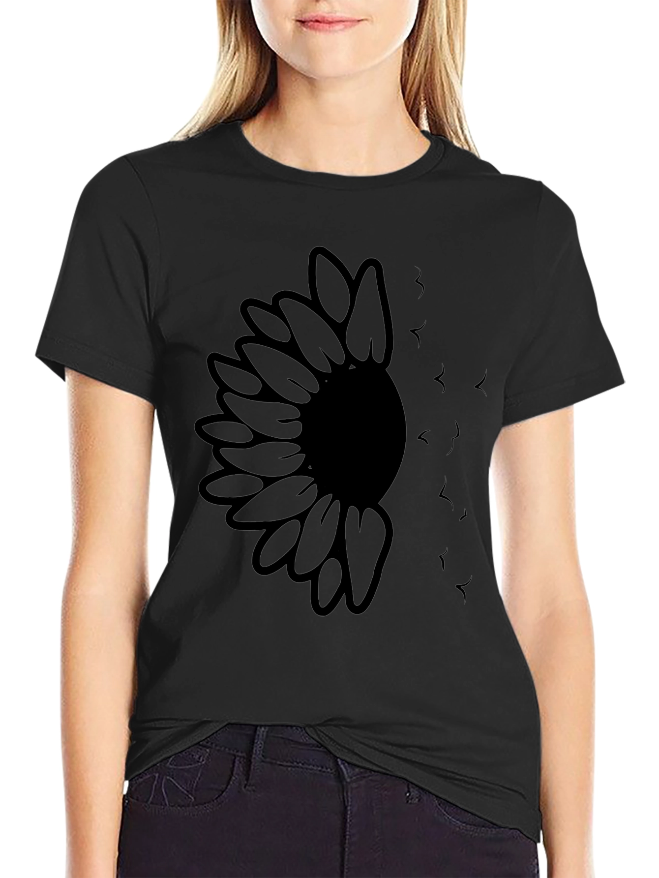 Sunflower and Birds Graphic Black T-Shirt