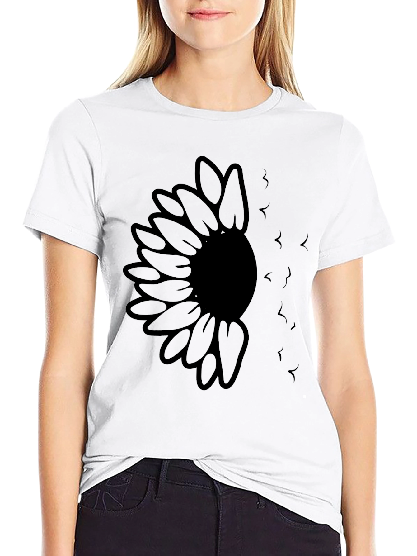 Sunflower and Birds Graphic Black T-Shirt