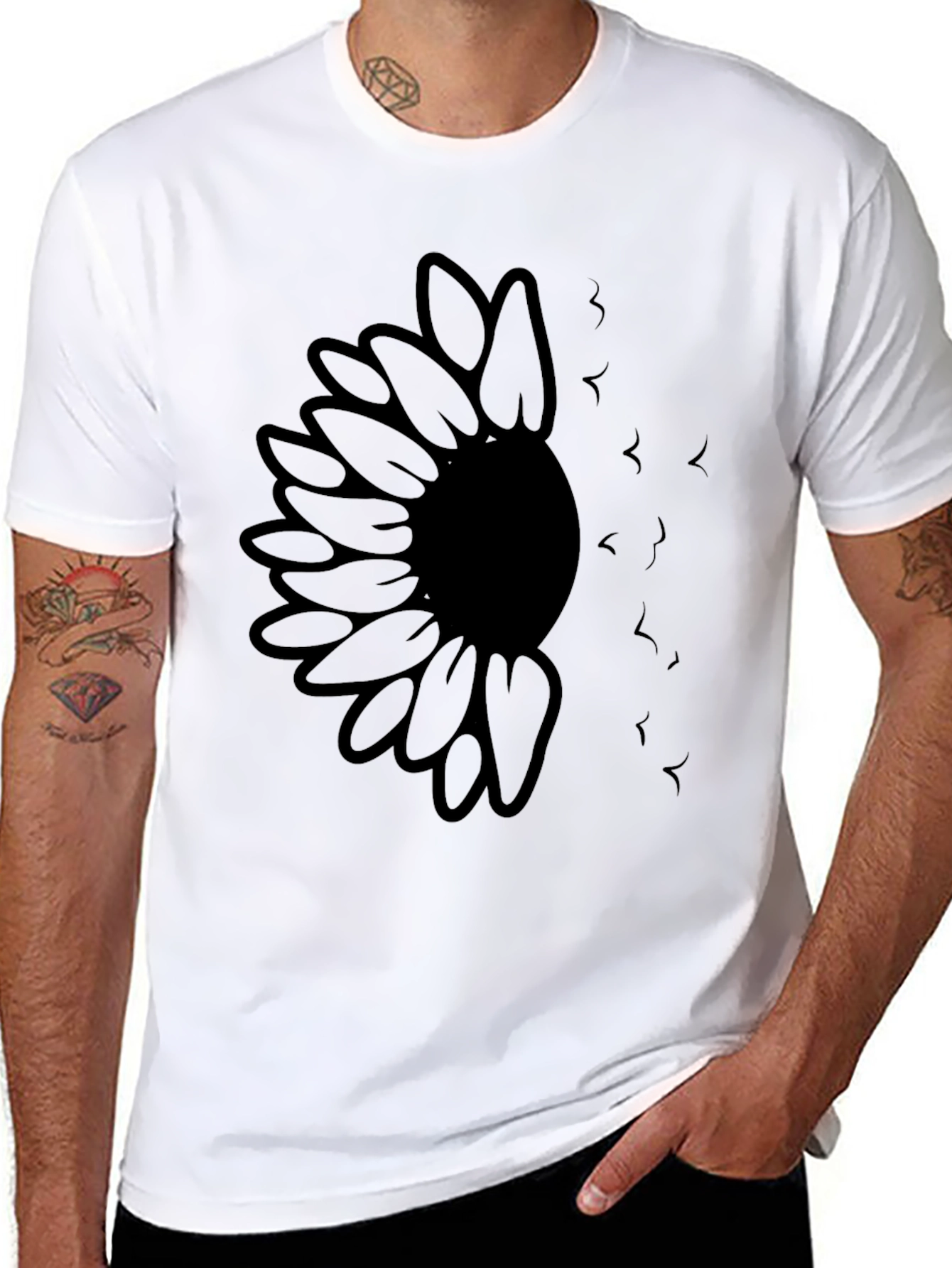 Sunflower and Birds Graphic Black T-Shirt