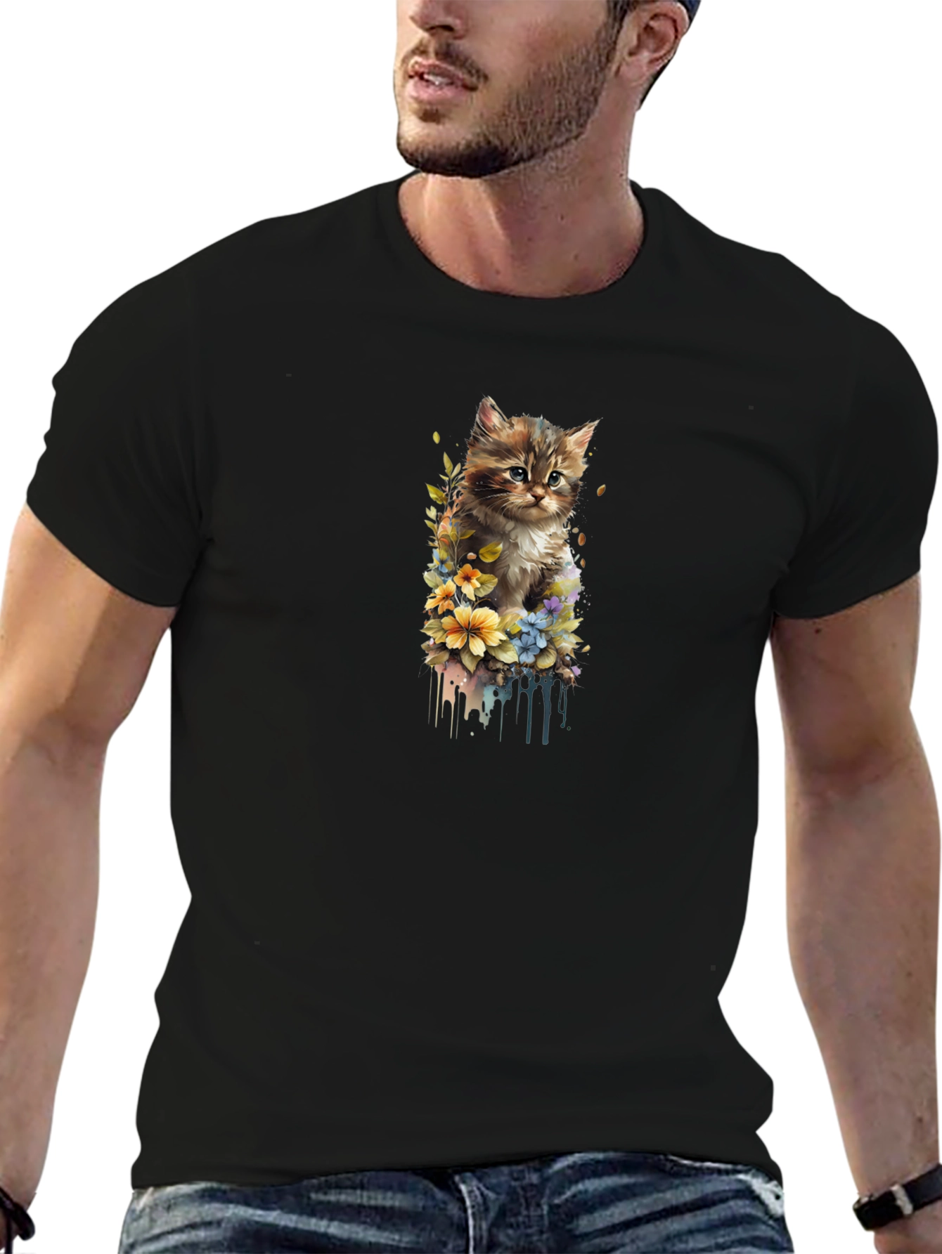 Kitten Floral Graphic Black T-Shirt