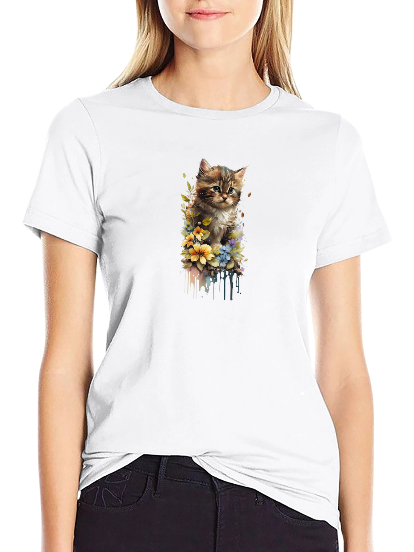 Kitten Floral Graphic Black T-Shirt