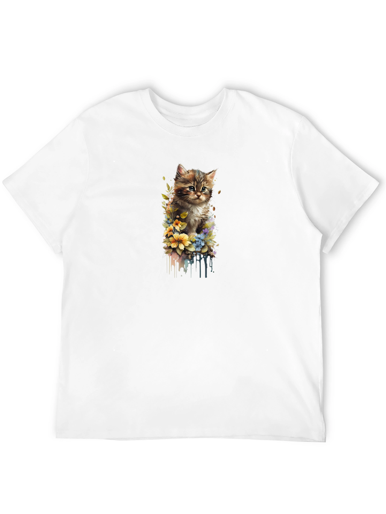 Kitten Floral Graphic Black T-Shirt