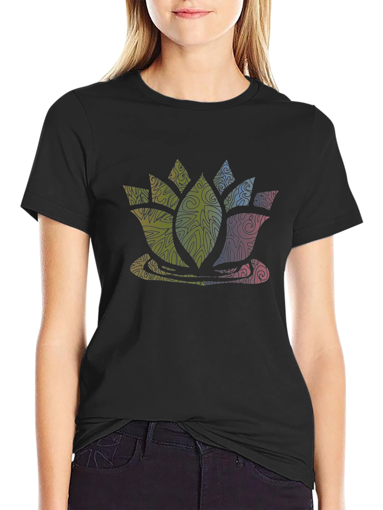 Lotus Flower Graphic Print Tee - Black