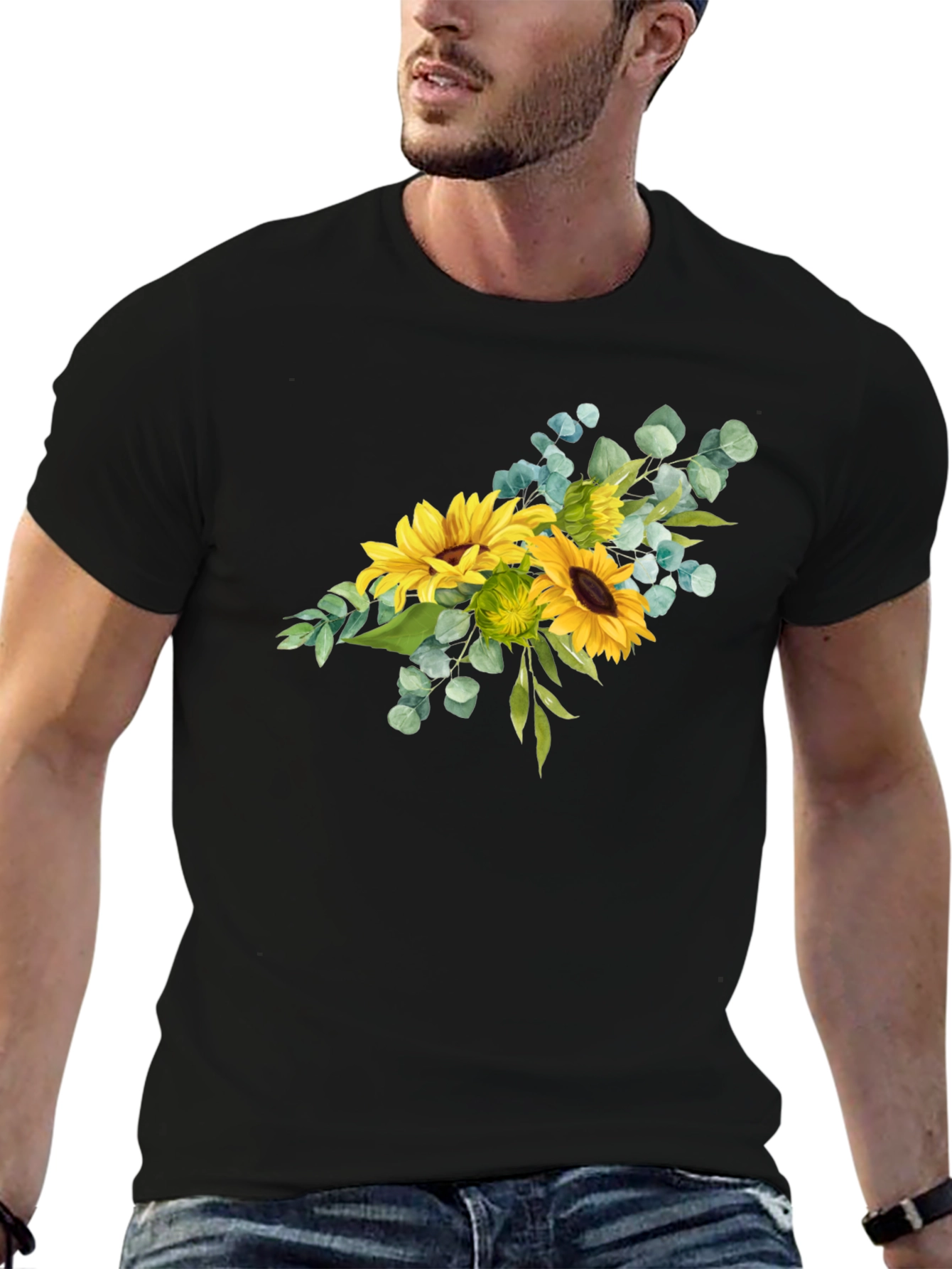 Sunflower Bouquet Graphic Print Black T-Shirt