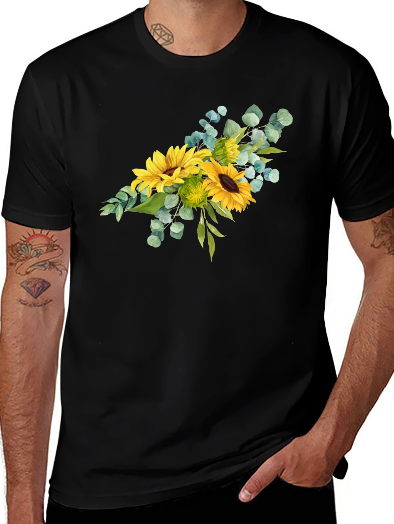 Sunflower Bouquet Graphic Print Black T-Shirt