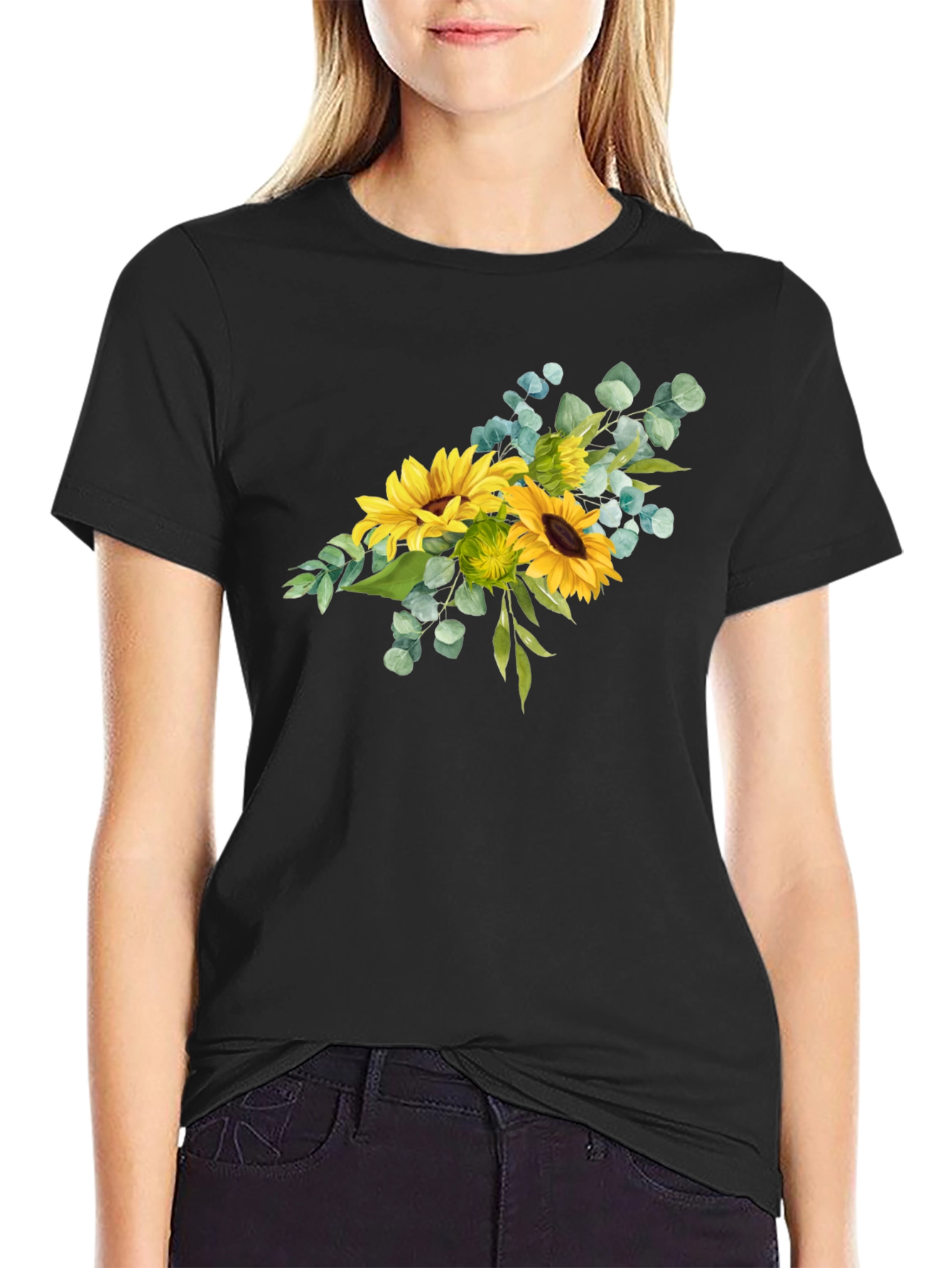 Sunflower Bouquet Graphic Print Black T-Shirt