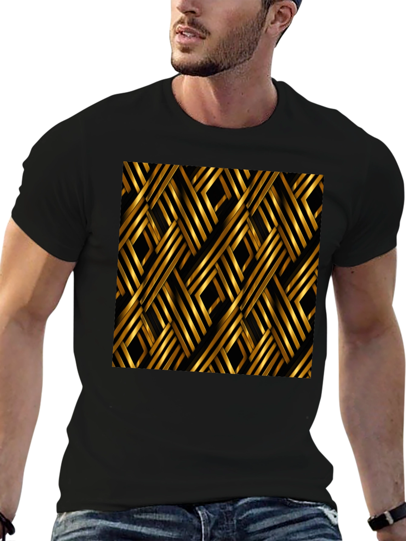 Stylish Black T-Shirt with Gold Geometric Pattern