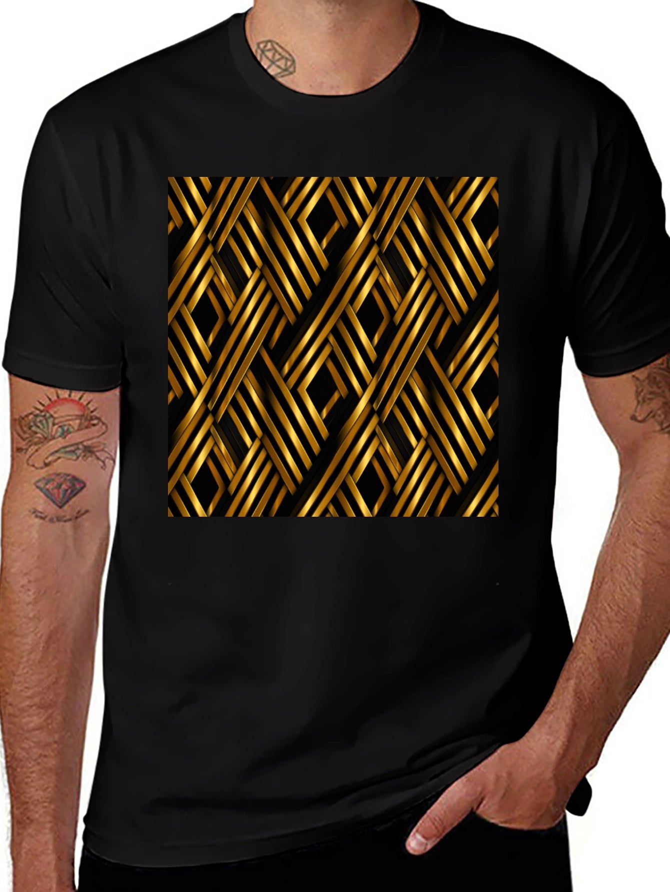 Stylish Black T-Shirt with Gold Geometric Pattern
