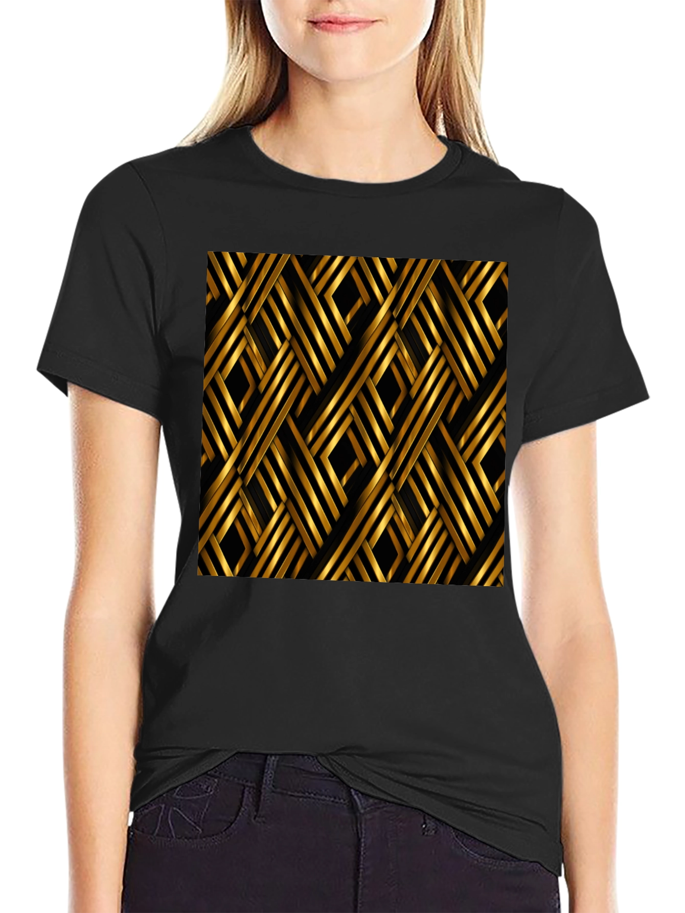 Stylish Black T-Shirt with Gold Geometric Pattern