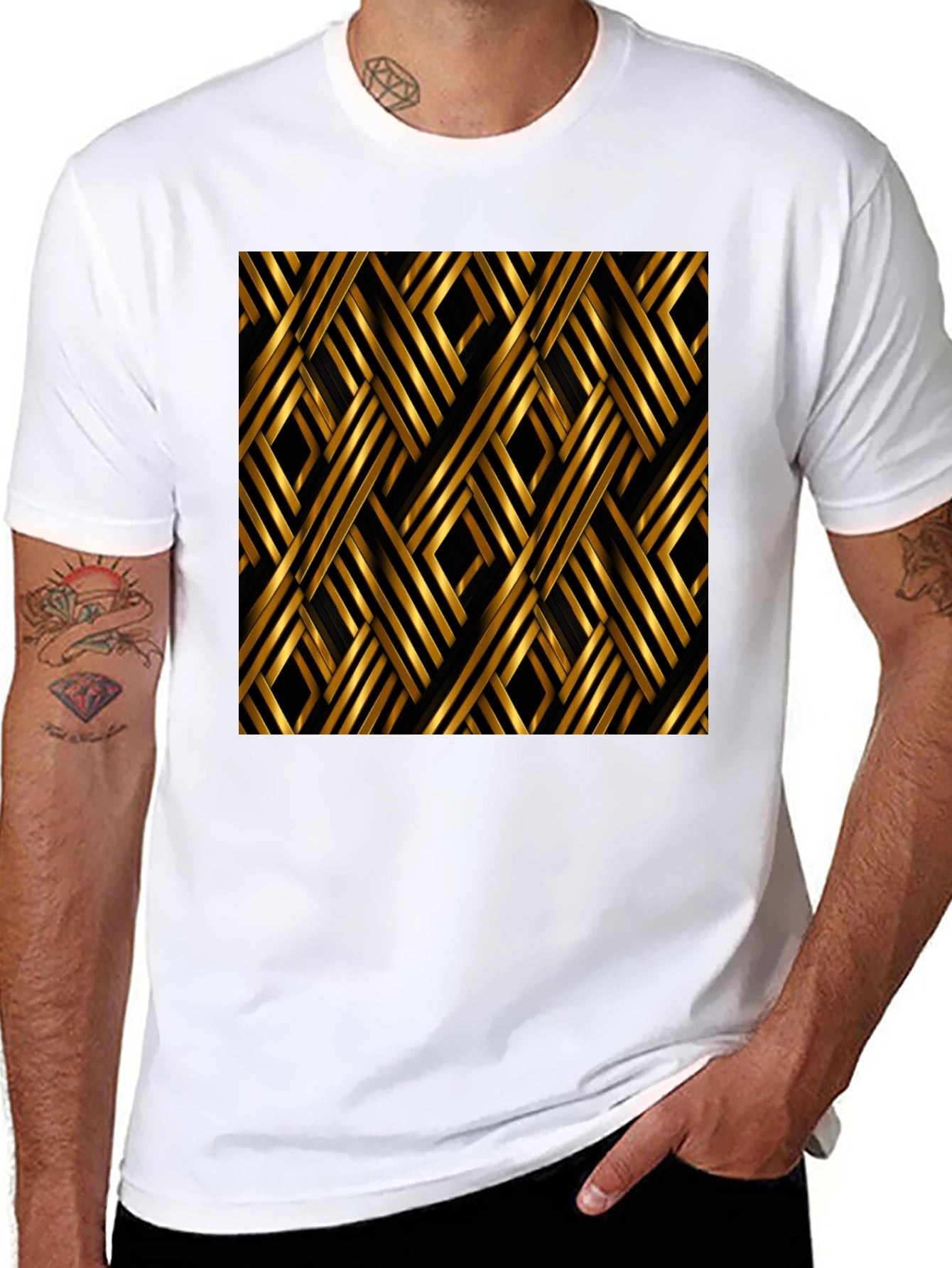 Stylish Black T-Shirt with Gold Geometric Pattern