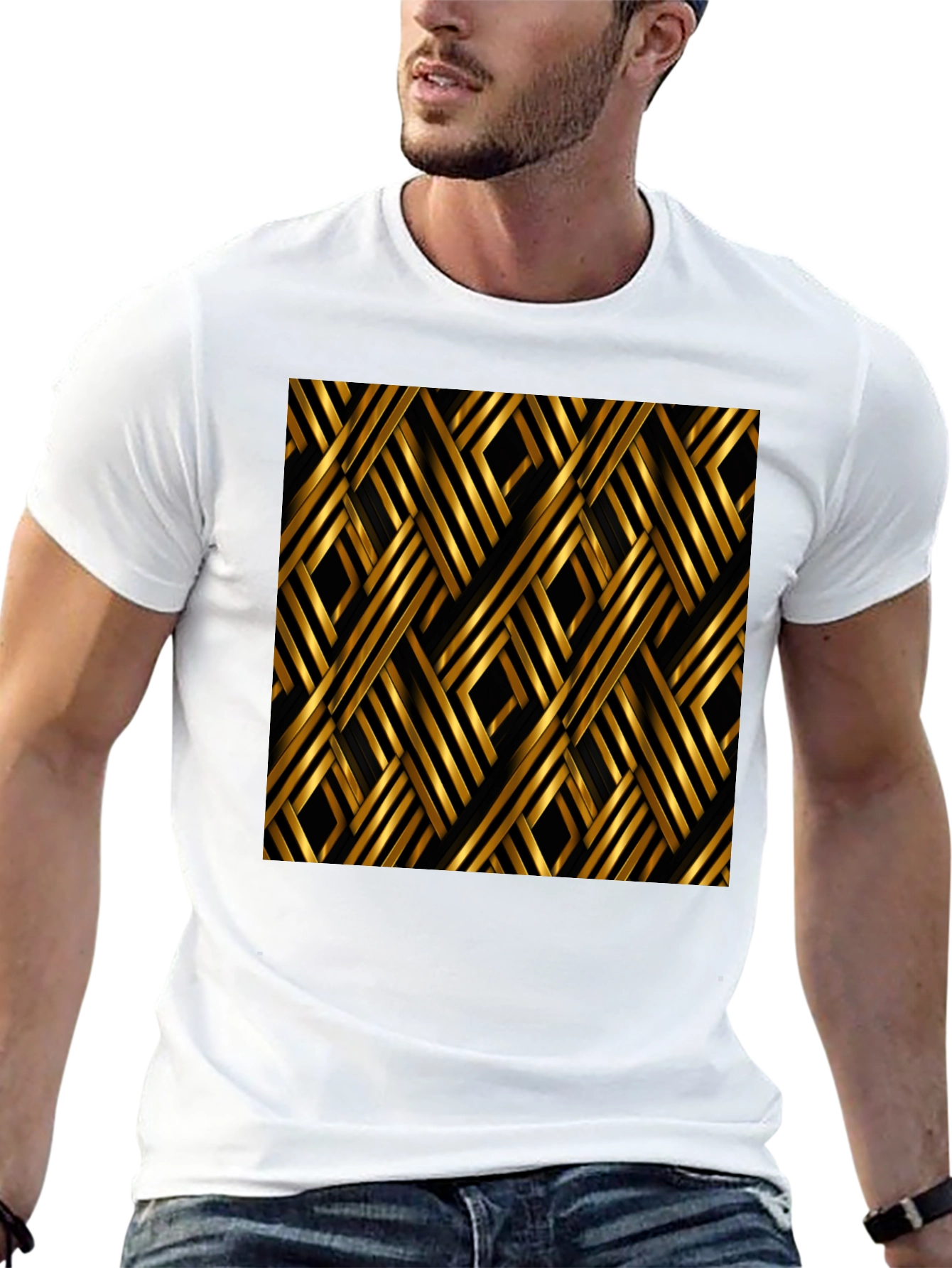 Stylish Black T-Shirt with Gold Geometric Pattern
