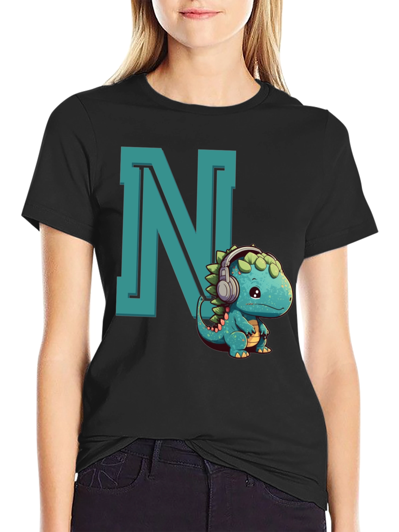 Cute Dinosaur Letter N Graphic Tee
