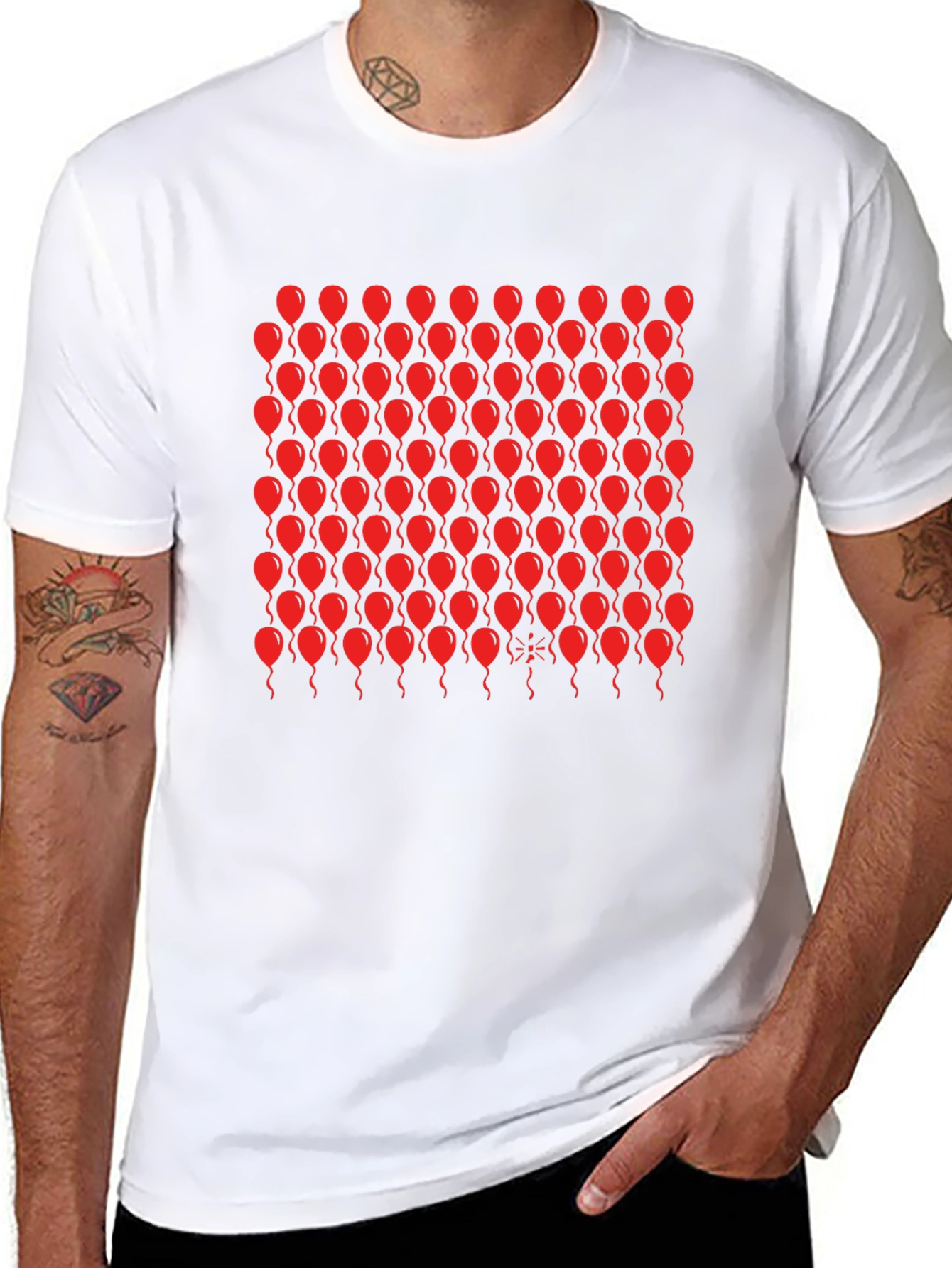 Black T-Shirt with Red Balloon Pattern