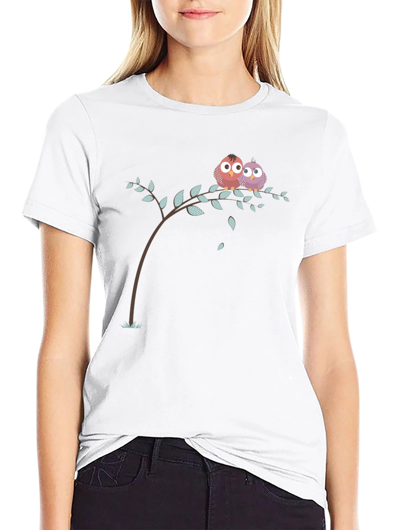 Cute Owl Couple on Branch Black T-Shirt