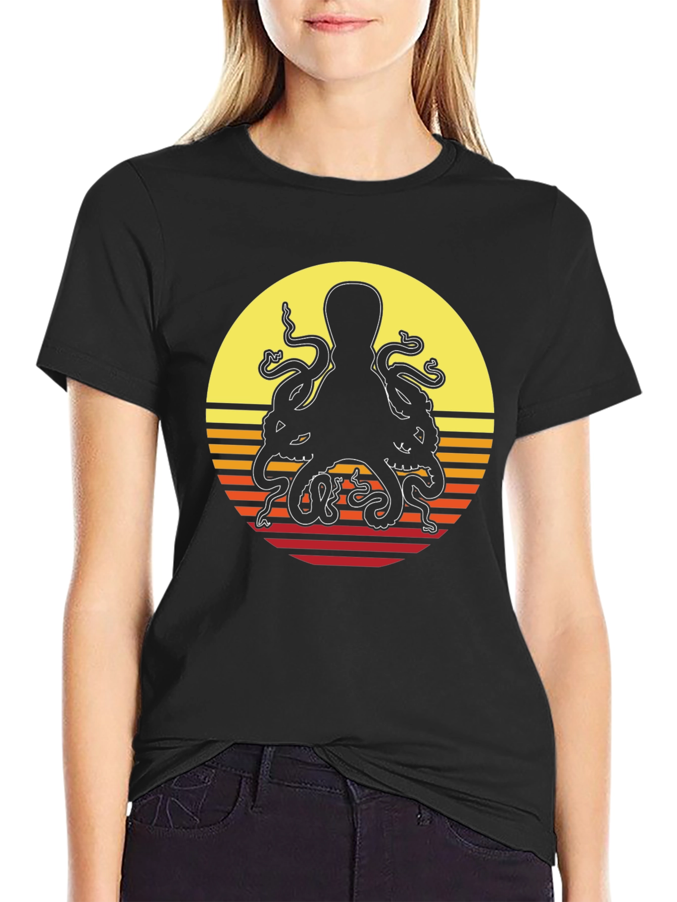 Retro Octopus Sunset Graphic T-Shirt