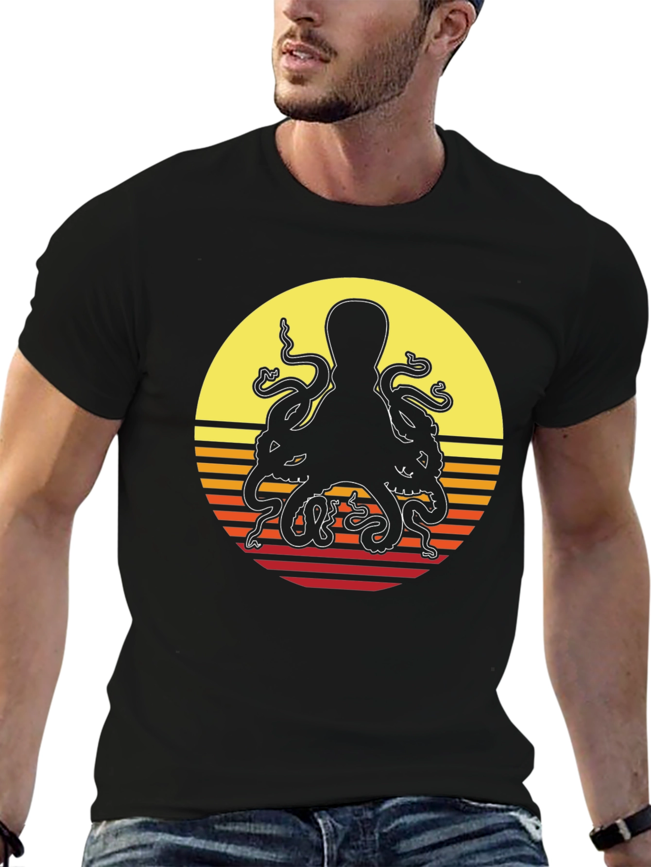Retro Octopus Sunset Graphic T-Shirt