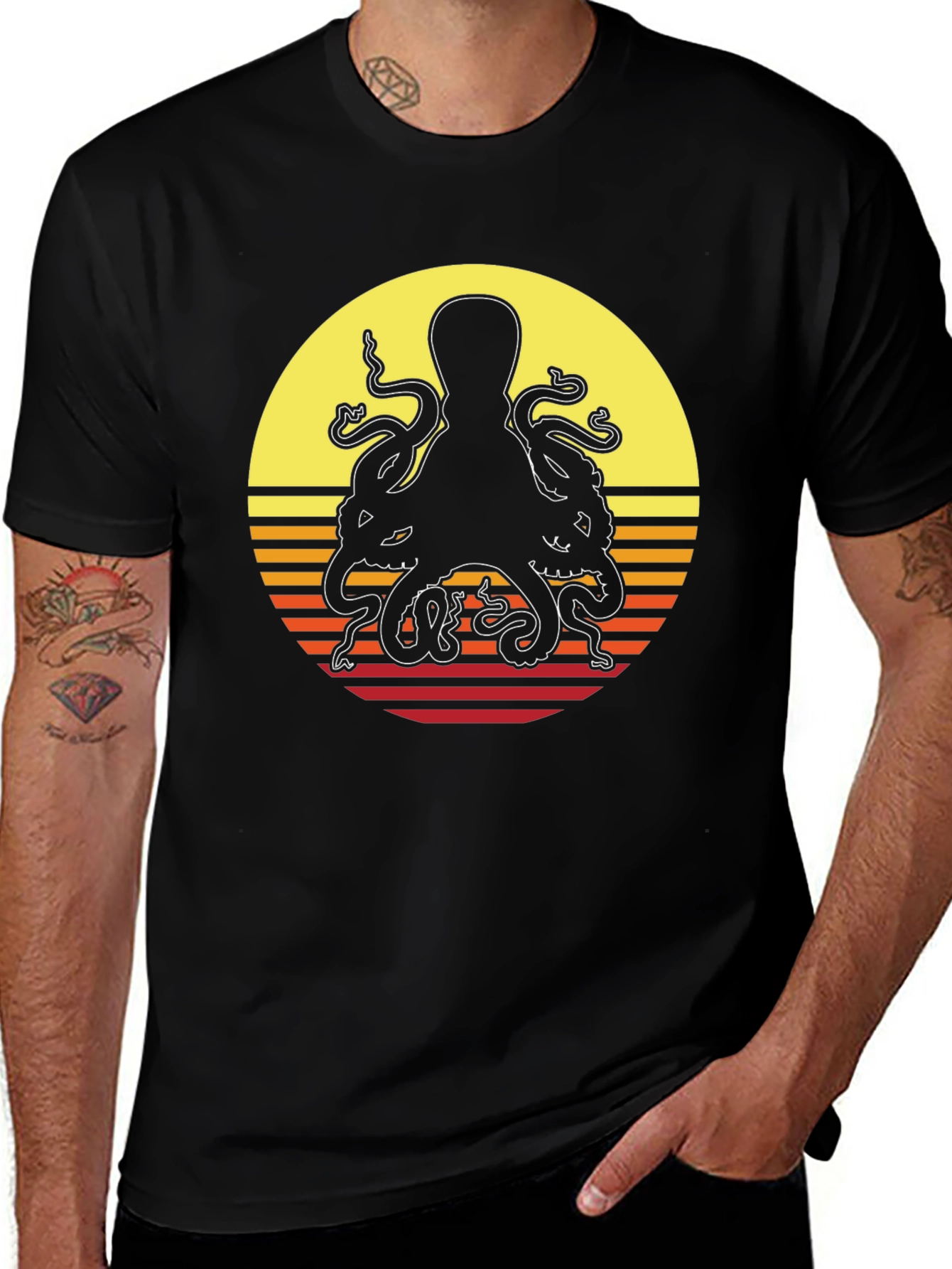 Retro Octopus Sunset Graphic T-Shirt