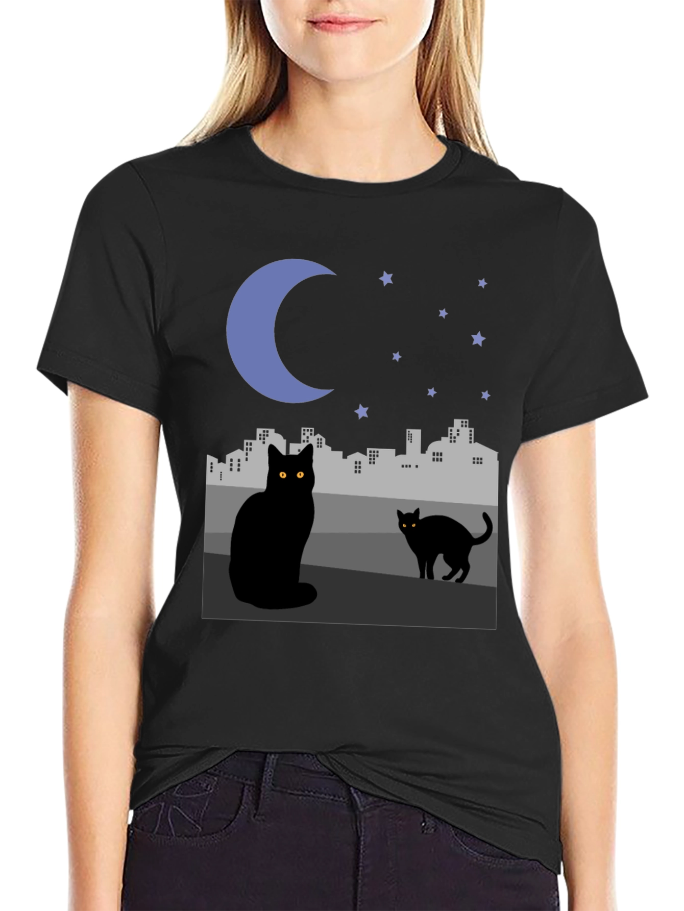 Black Cat Cityscape Graphic Tee