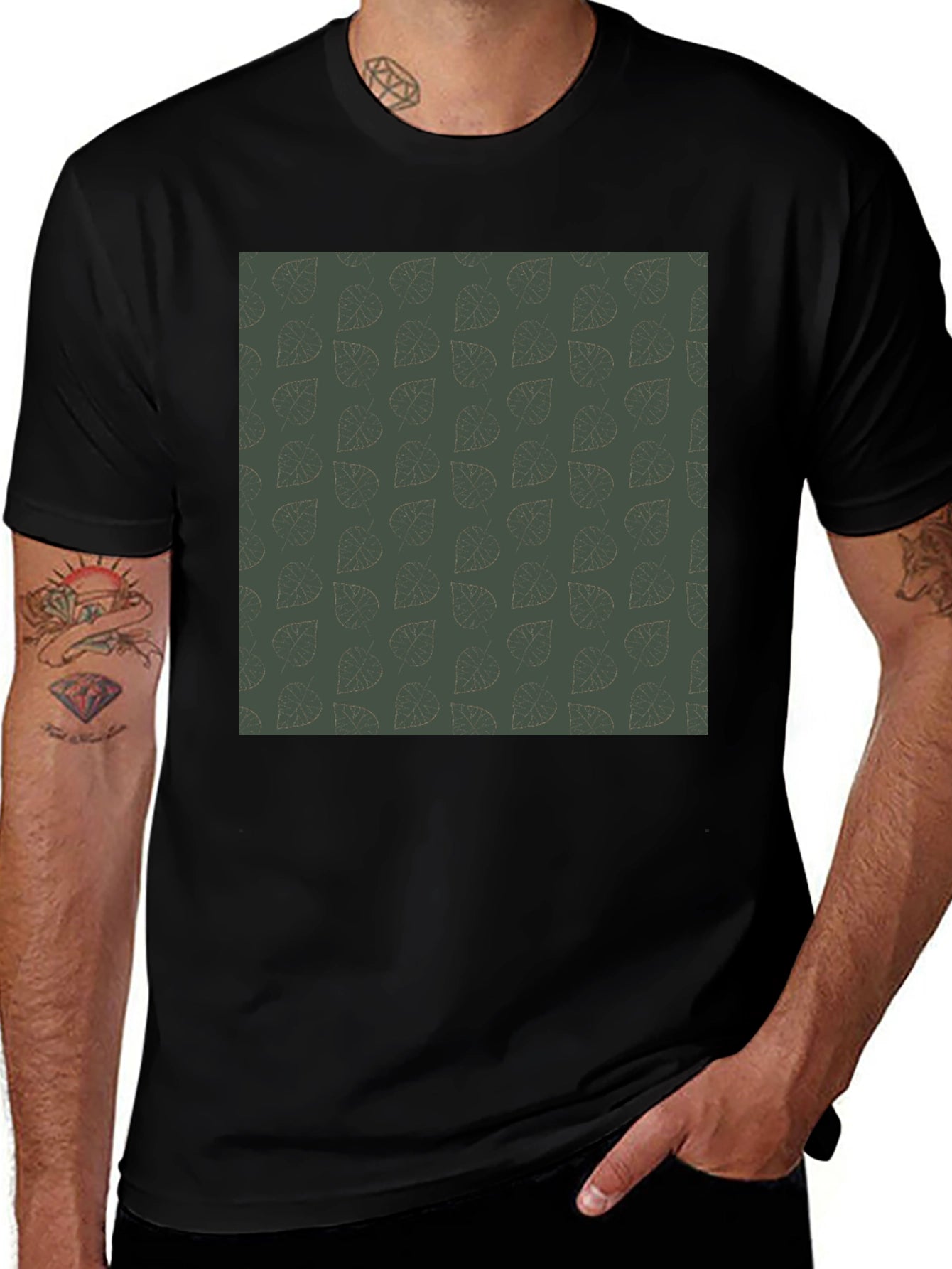 Leaf Pattern Black T-Shirt - Casual Style