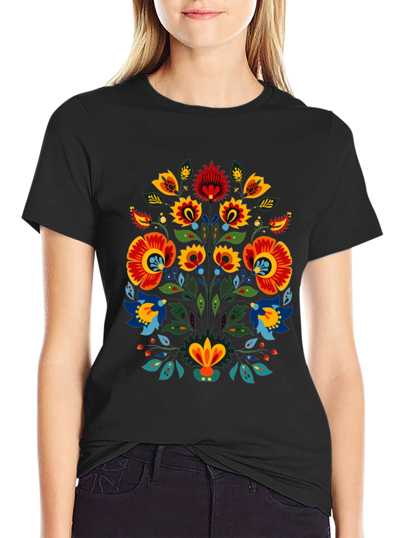 Floral Folk Art Graphic Black T-Shirt