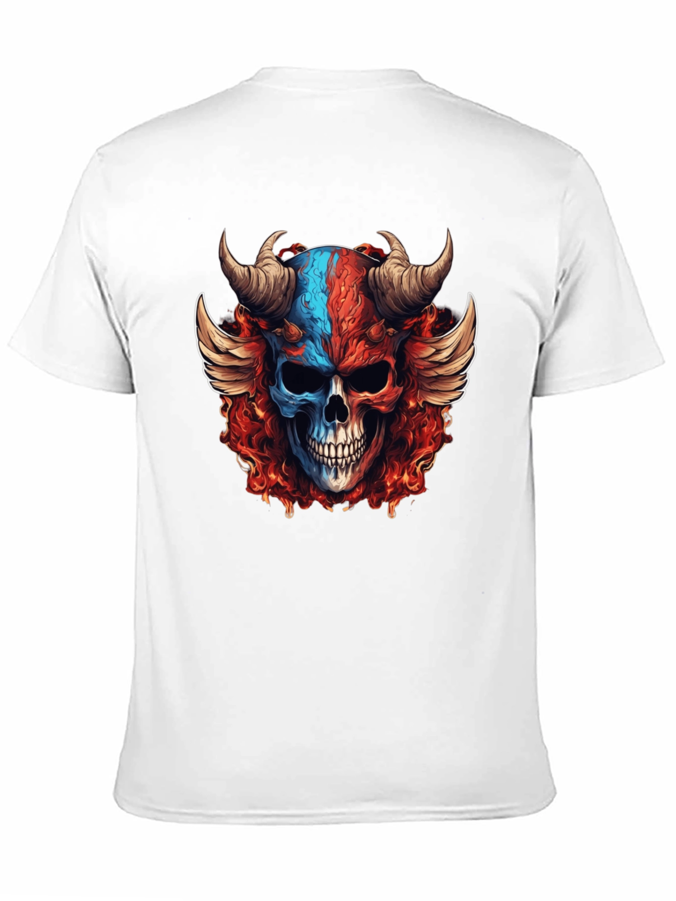 Fiery Skull Graphic T-Shirt - Horned Wings Design