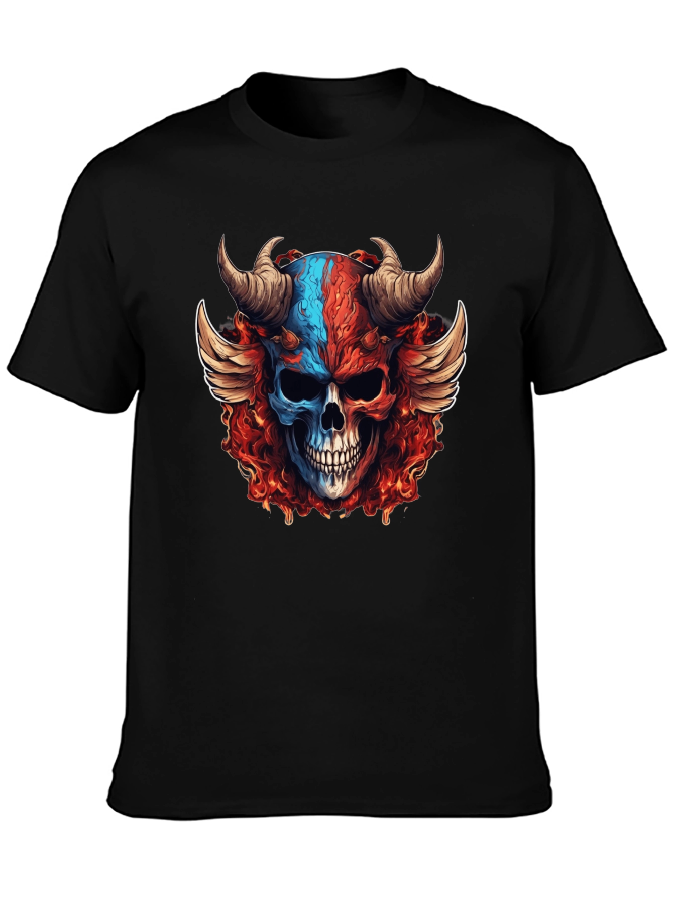 Fiery Skull Graphic T-Shirt - Horned Wings Design