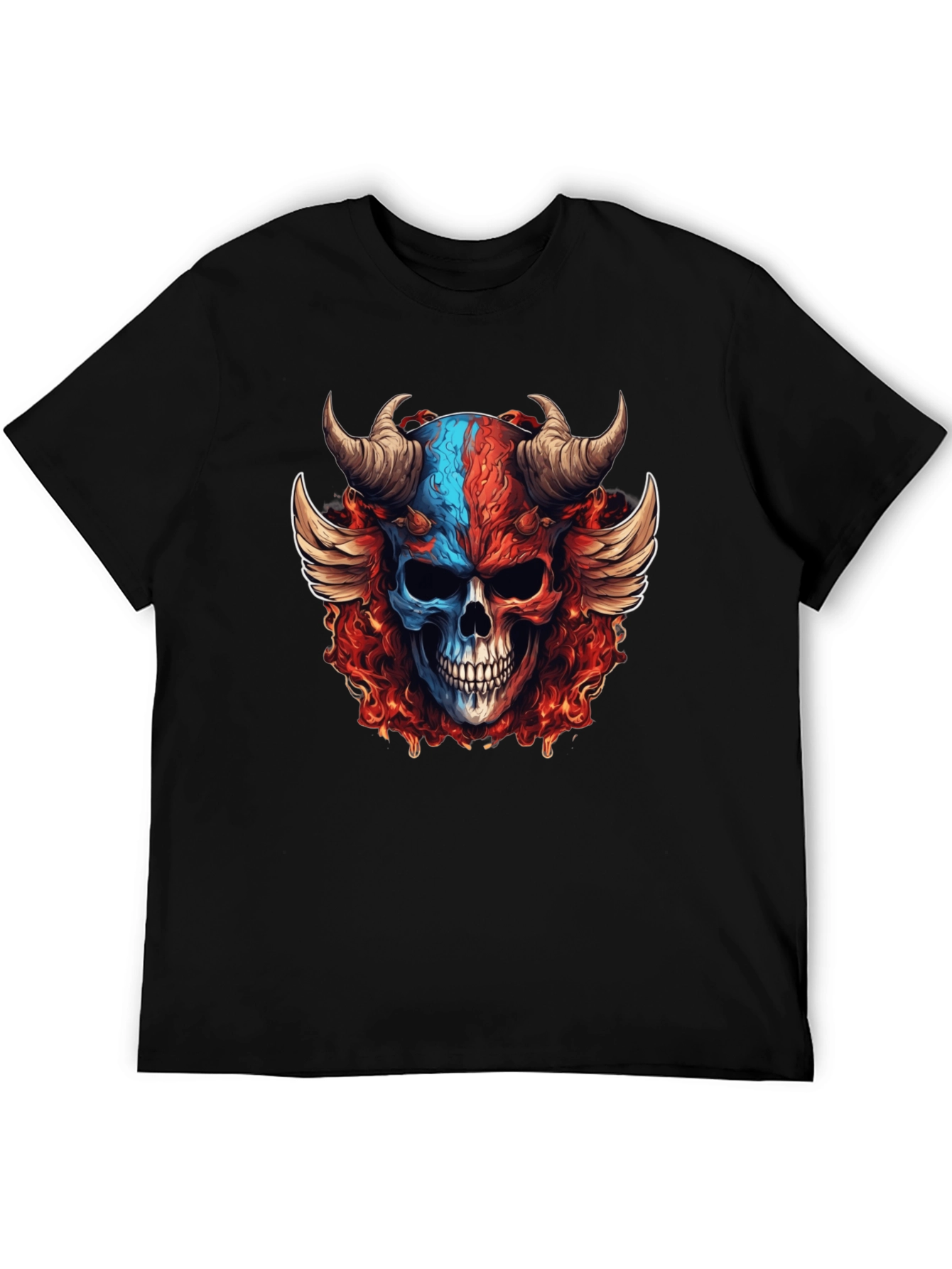 Fiery Skull Graphic T-Shirt - Horned Wings Design
