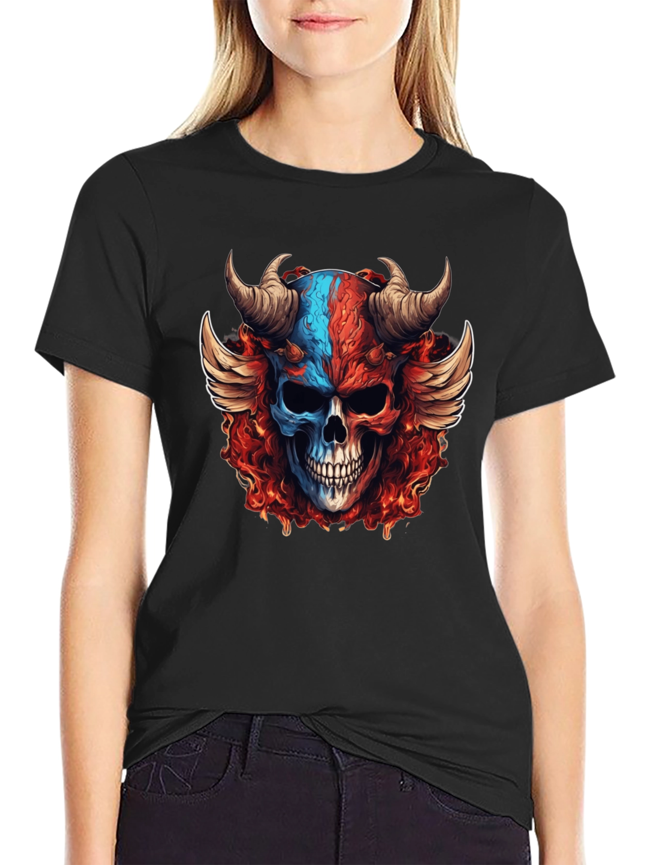Fiery Skull Graphic T-Shirt - Horned Wings Design