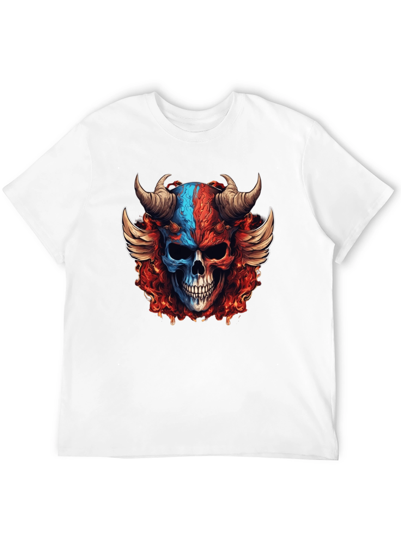 Fiery Skull Graphic T-Shirt - Horned Wings Design