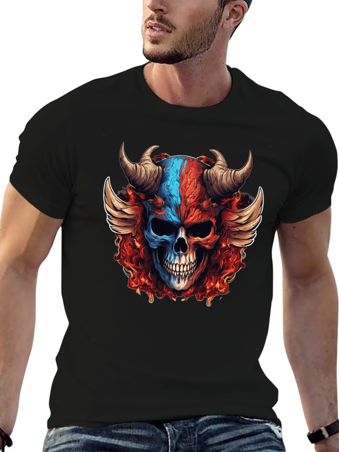 Fiery Skull Graphic T-Shirt - Horned Wings Design