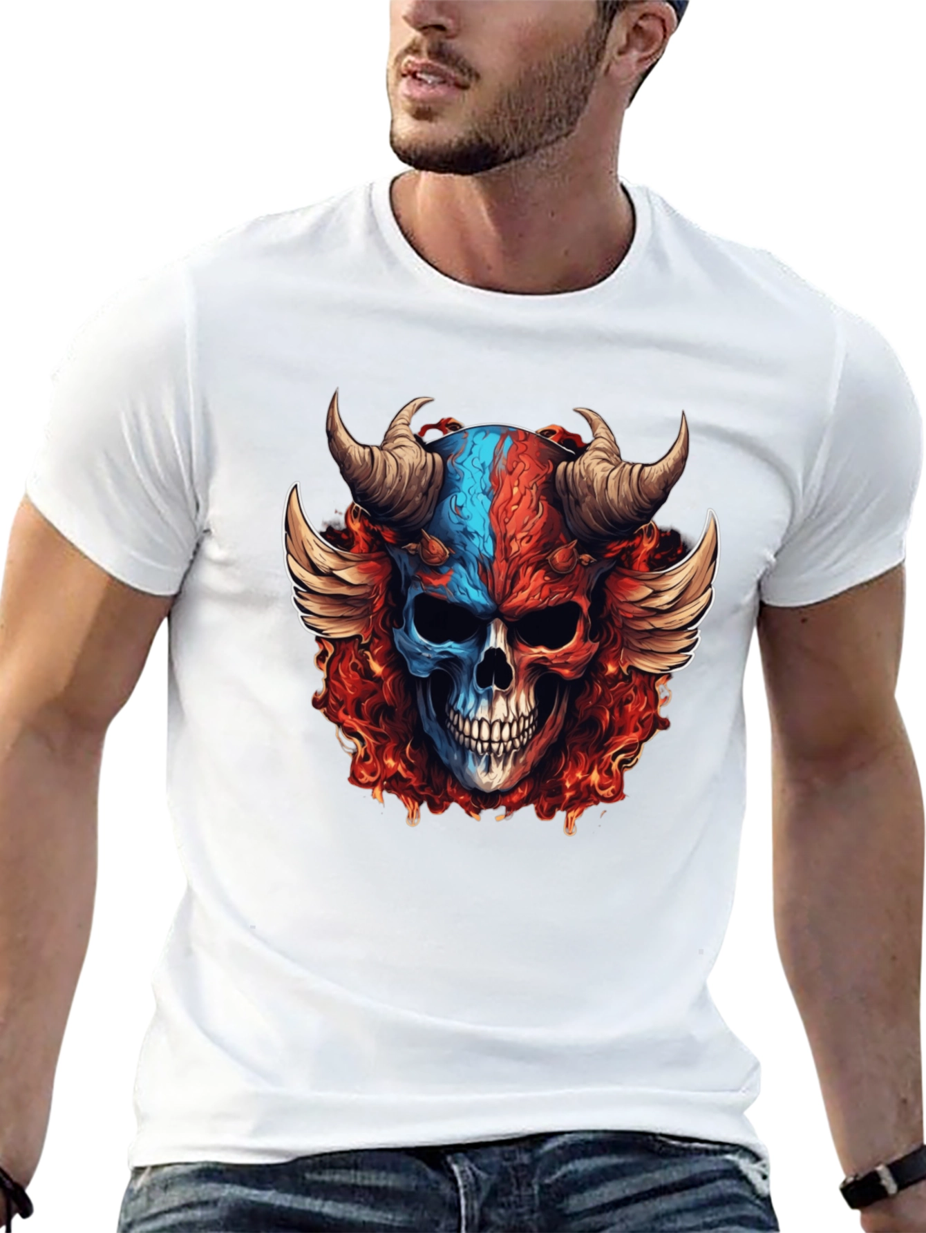 Fiery Skull Graphic T-Shirt - Horned Wings Design