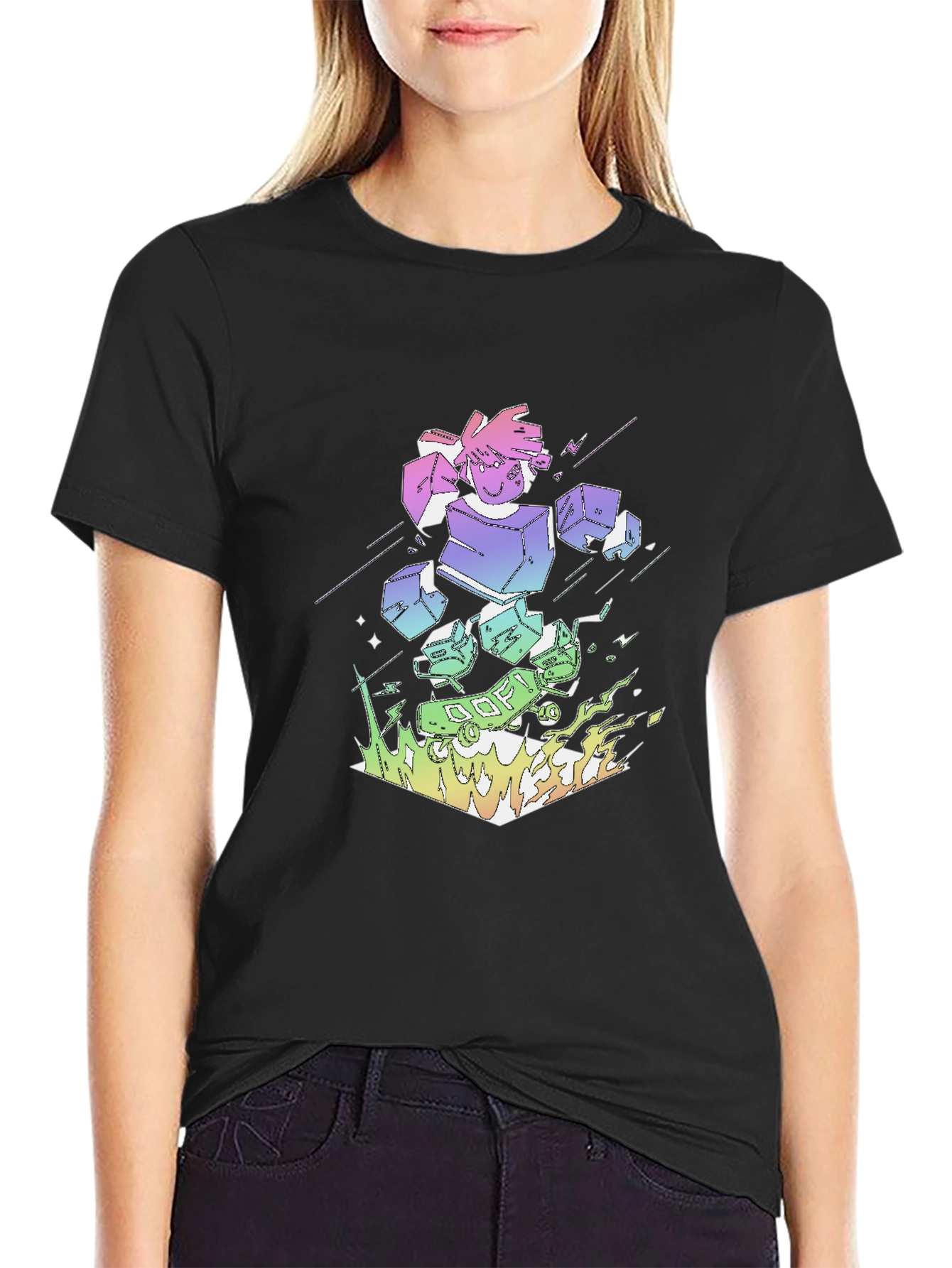 Retro Anime Robot Graphic Black T-Shirt