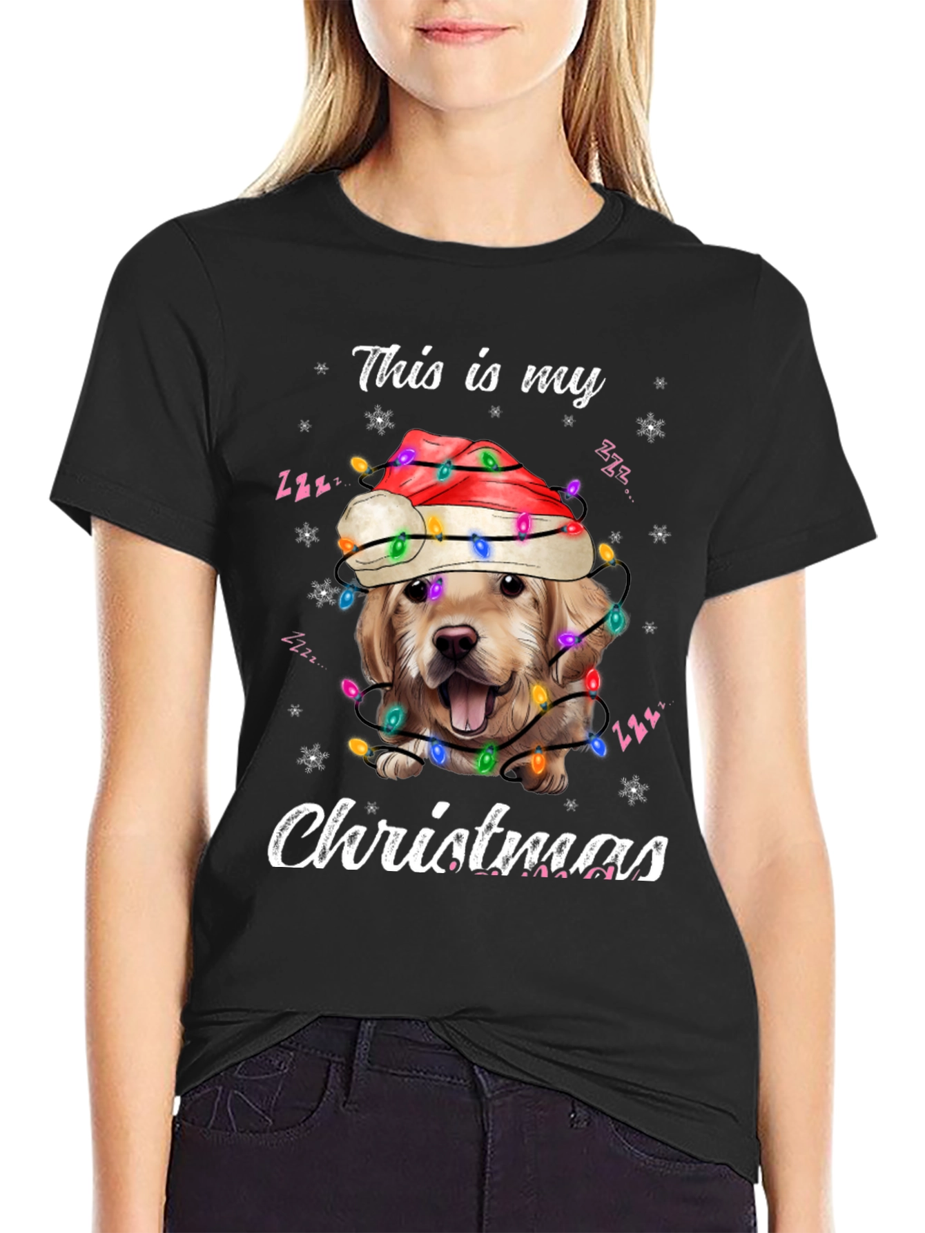 Dog Christmas T-Shirt Golden Retriever Santa Lights Tee