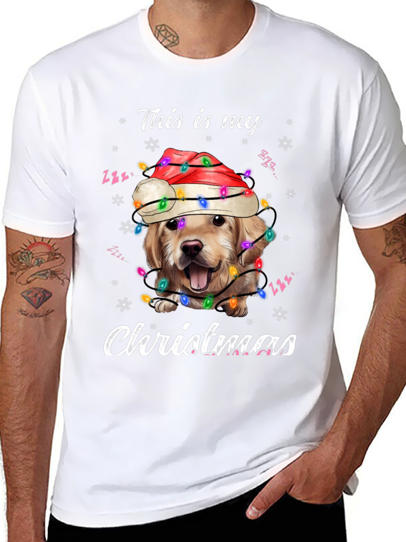 Dog Christmas T-Shirt Golden Retriever Santa Lights Tee