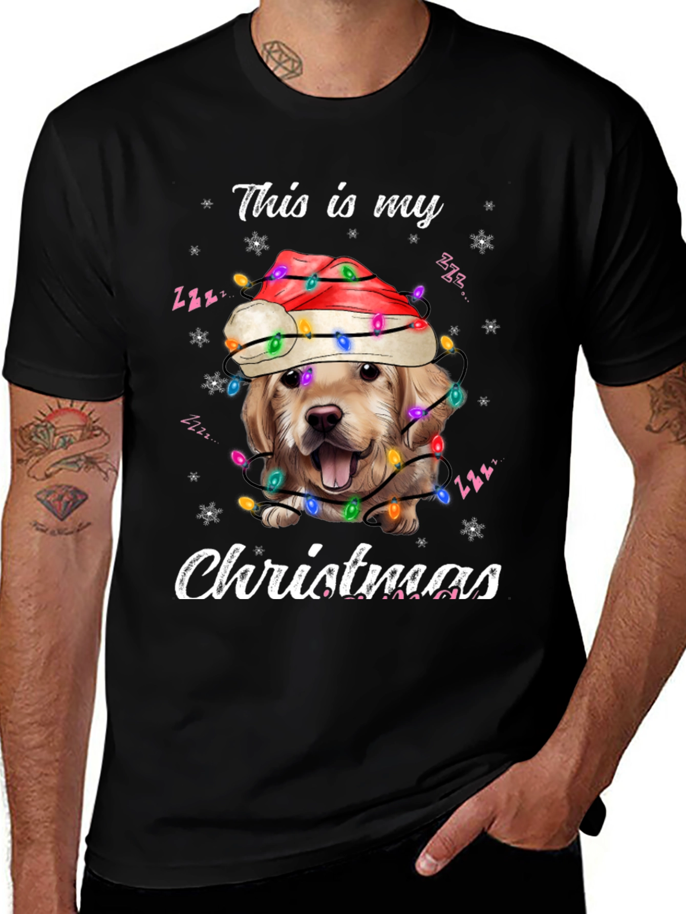 Dog Christmas T-Shirt Golden Retriever Santa Lights Tee